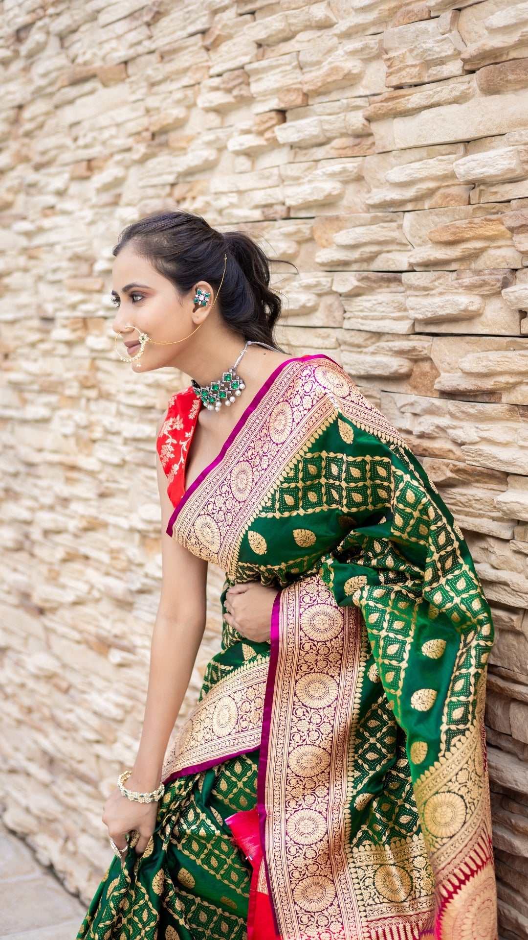 Mehendi Majesty Banarasi Silk Saree in Emerald Green & Rani Pink with Gold Zari Weave