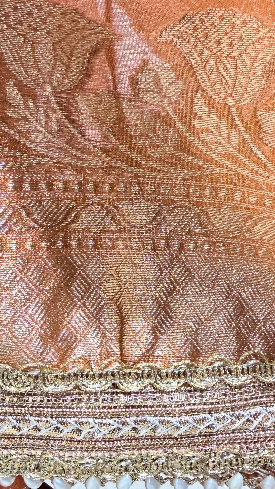 Orange Tissue Saree with Moti Lace Border