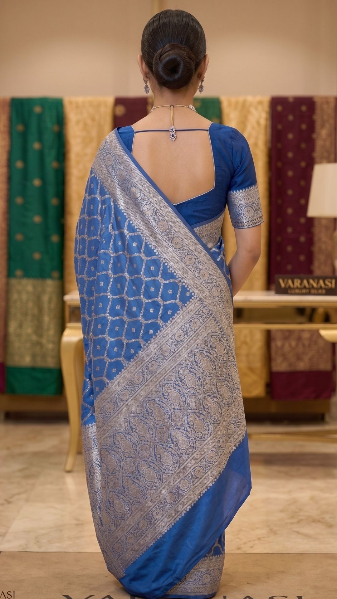 Banarashe Royal Blue Mashru Silk Saree with Silver Zari Woven Geometric Motifs, Designer Border & Pallu