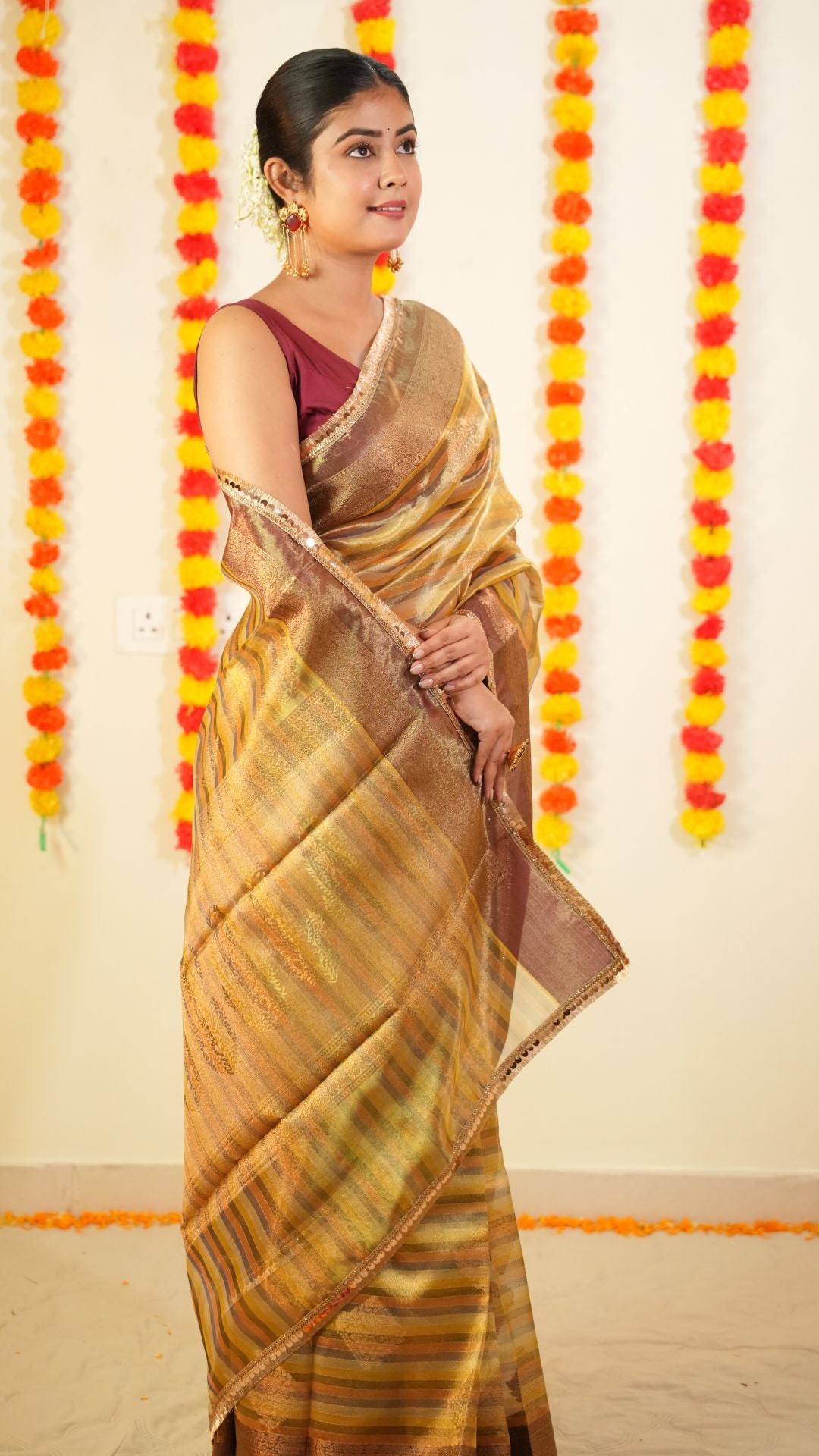Golden Pure Tissue Silk Lace Work Gota patti designe Saree with Maroon Border