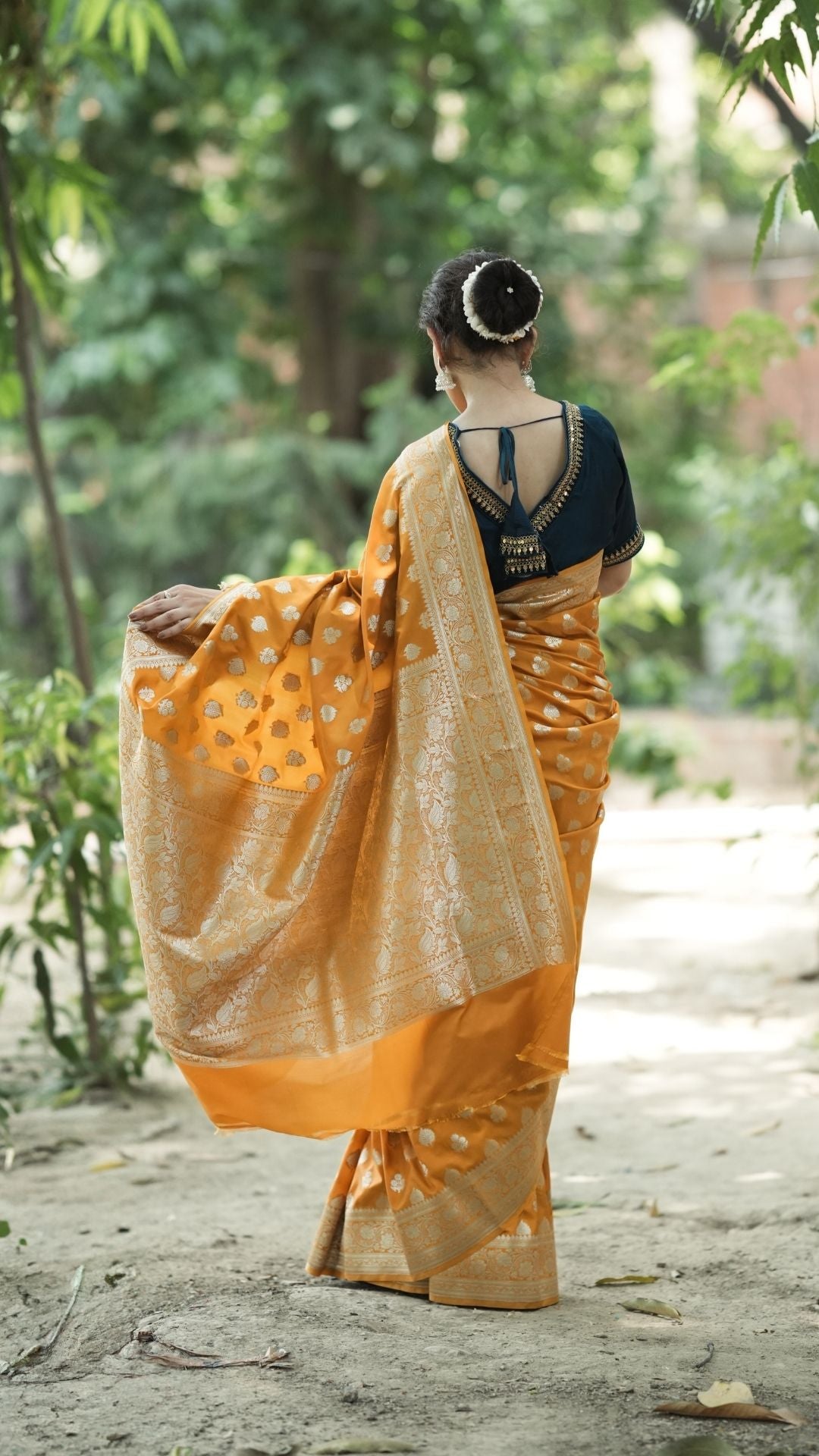 Sami Silk Nakshi Zari Booti Saree – Marigold Yellow with Silver Zari