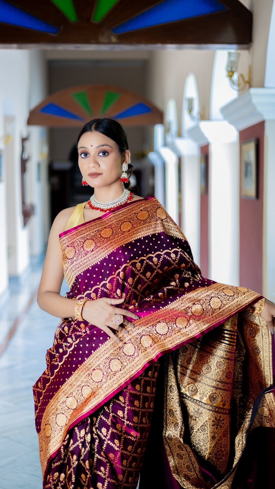 Noor-E-Gulab Banarasi Silk Saree in Wine & Gold with Intricate Zari Weaving