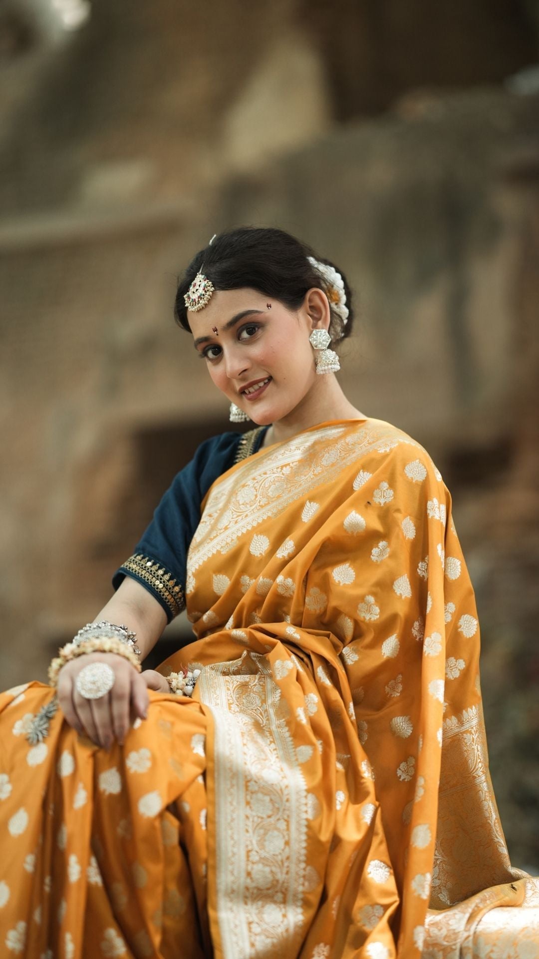 Sami Silk Nakshi Zari Booti Saree – Marigold Yellow with Silver Zari