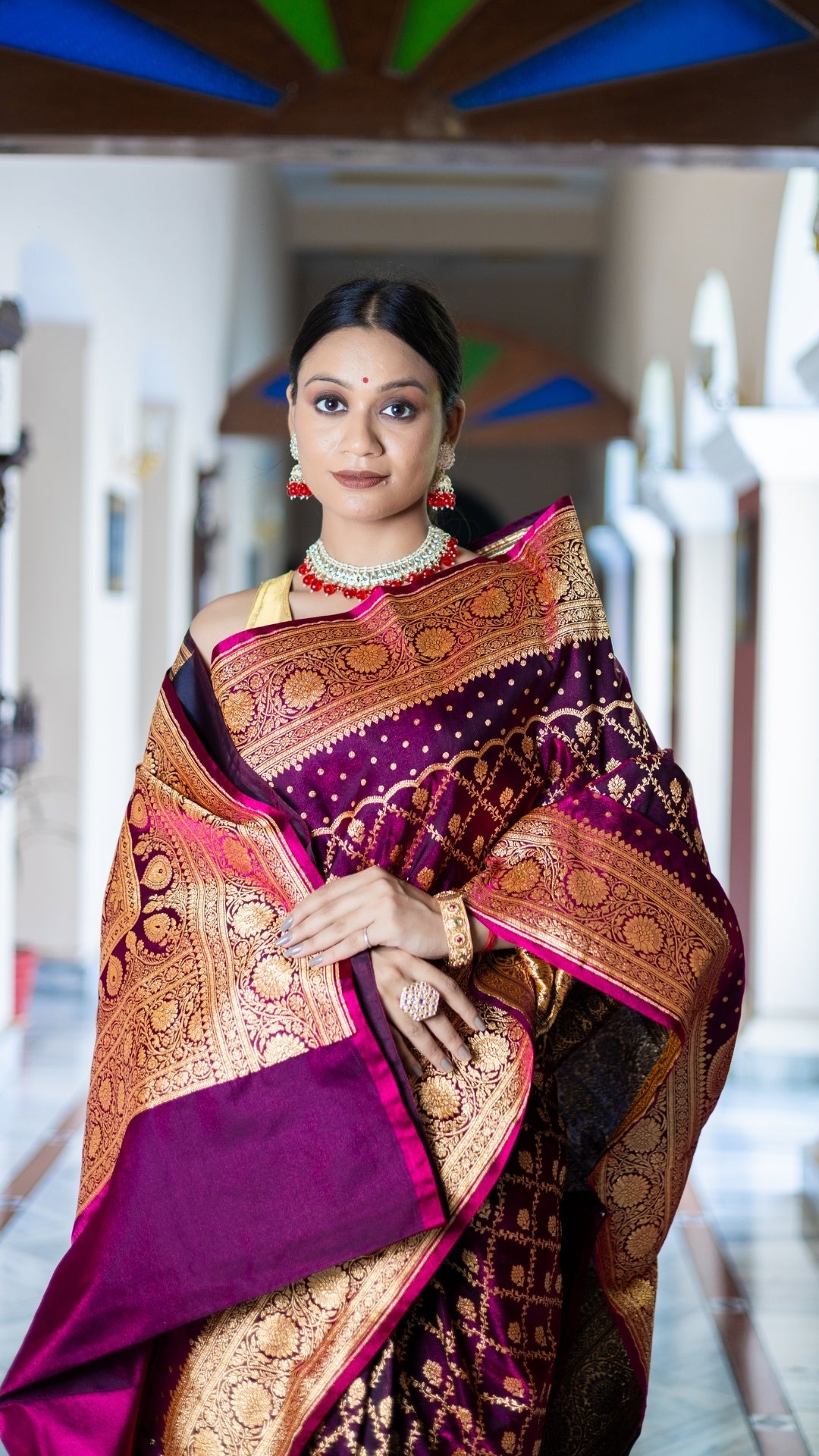 Noor-E-Gulab Banarasi Silk Saree in Wine & Gold with Intricate Zari Weaving