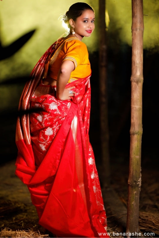 Red with Jaal Zari Work Handloom Katan Pure Silk Saree