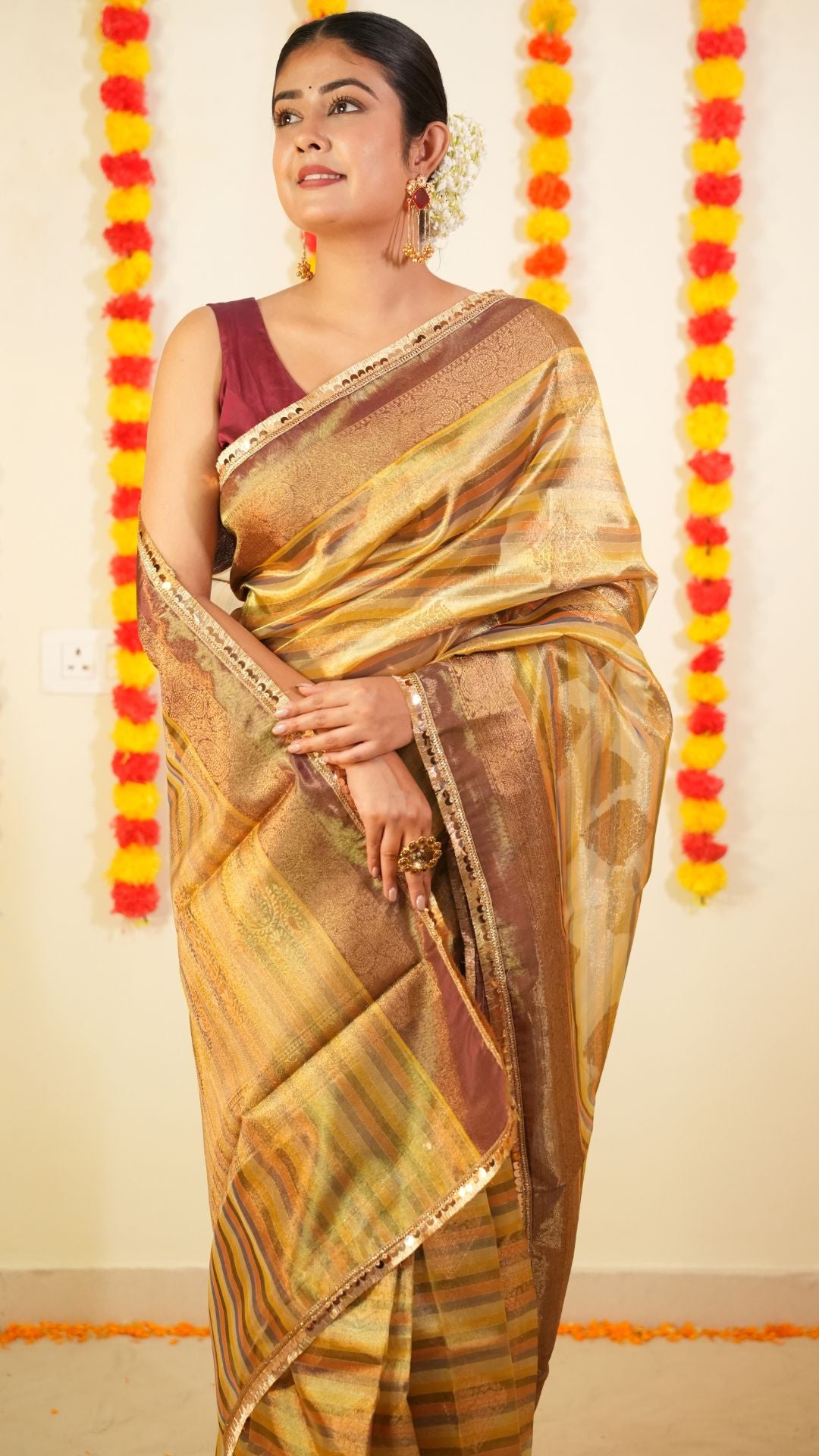 Golden Pure Tissue Silk Lace Work Gota patti designe Saree with Maroon Border