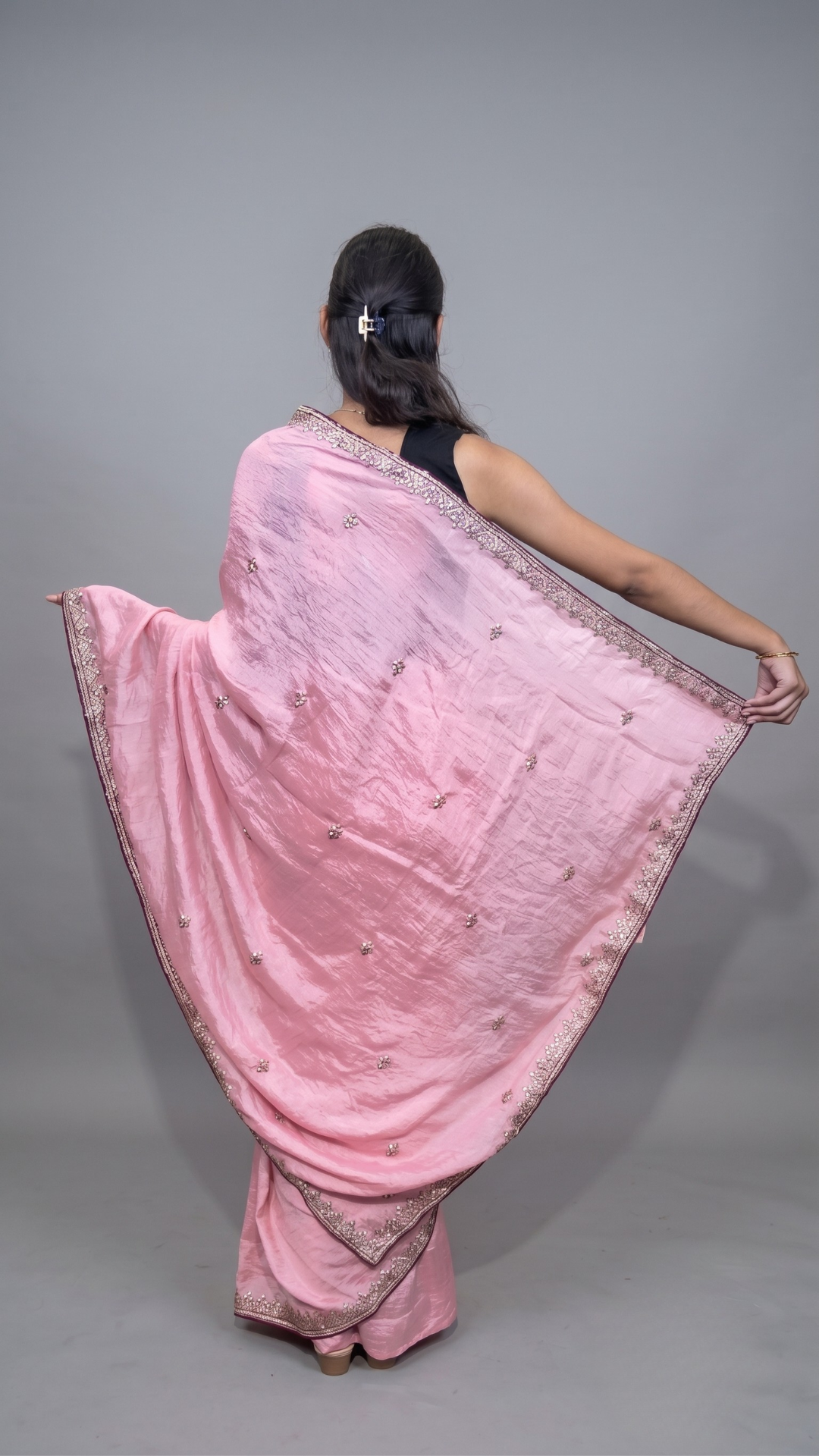 Banarashe Blush Pink Tissue Saree with Delicate Zari Border