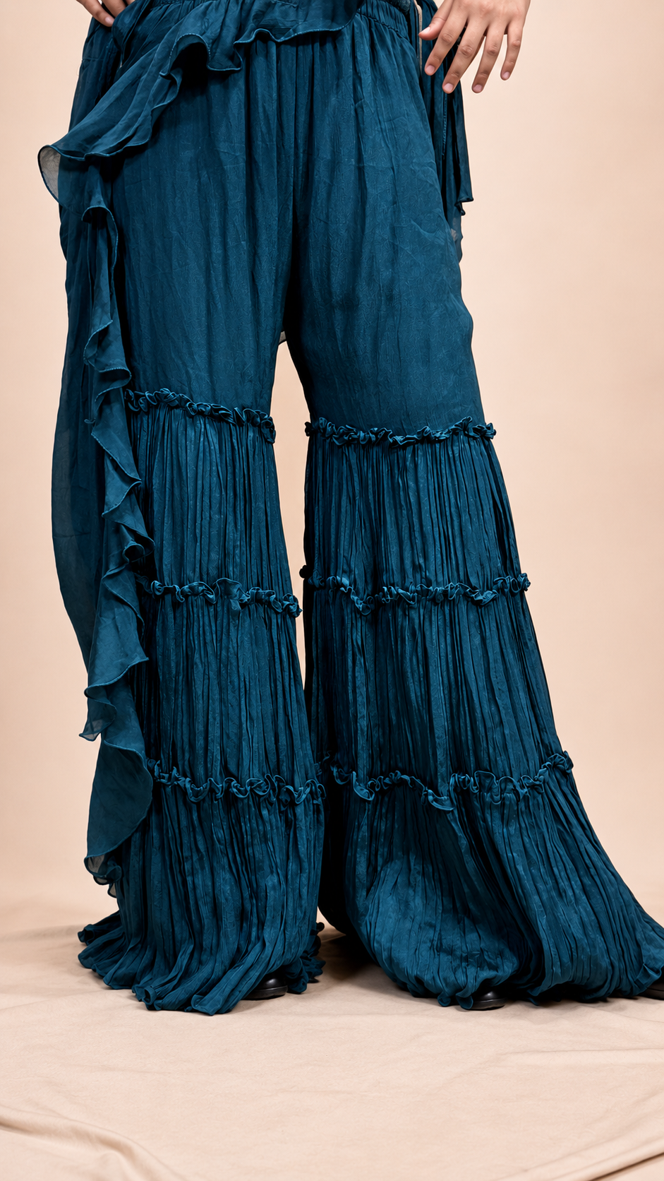 Teal Ruffle Pre‑Draped Saree with Embroidered Blouse