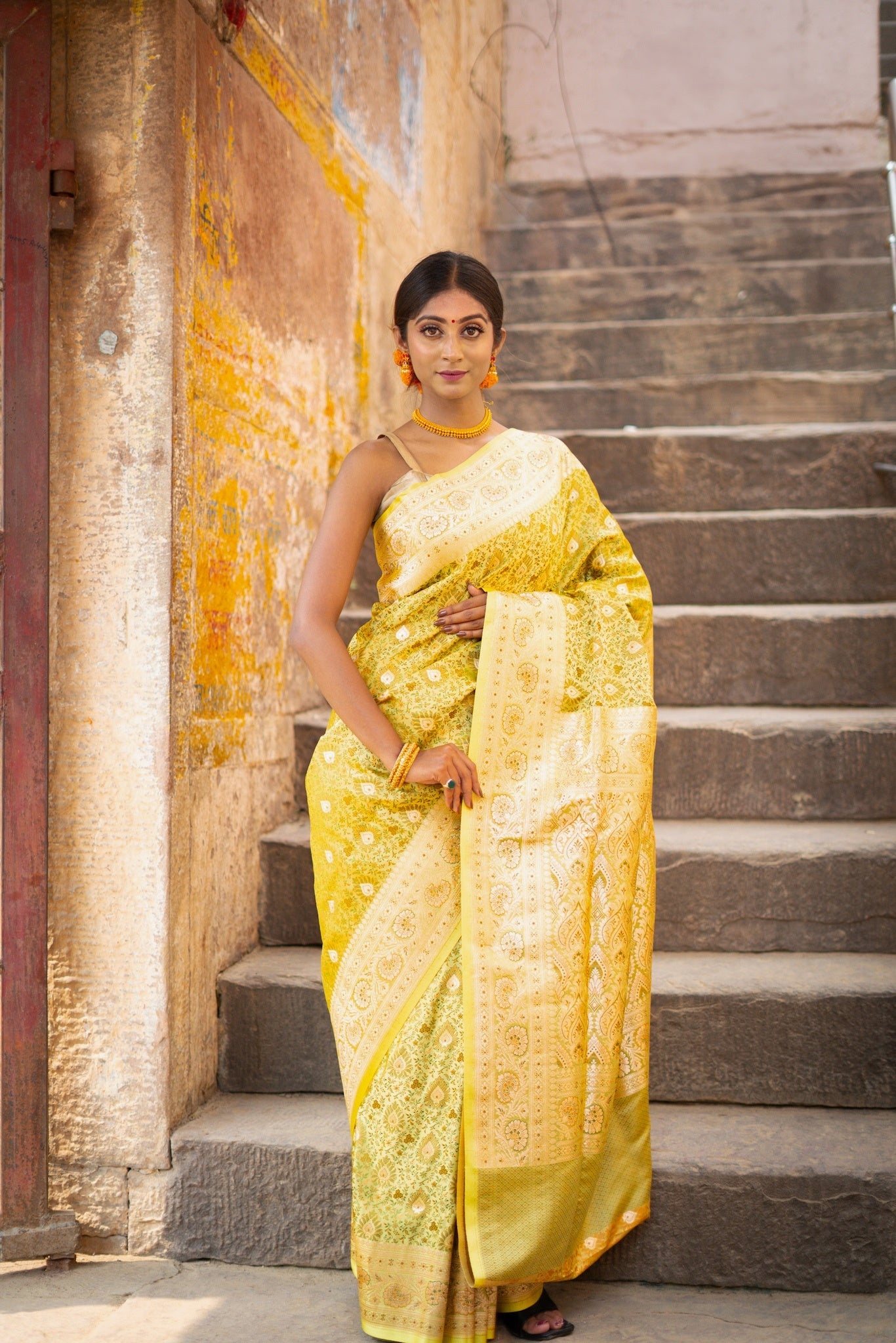 Banarasi Plain Semi Silk Saree With Ganga Ghat Weaving-Yellow