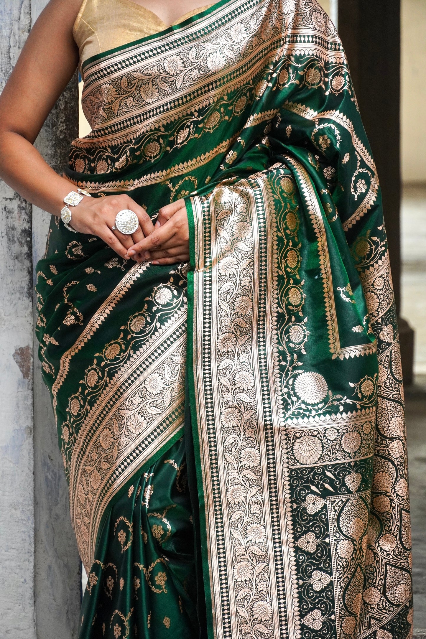 Emerald Grace – Royal Green Banarasi Saree with Elegant Silver Border