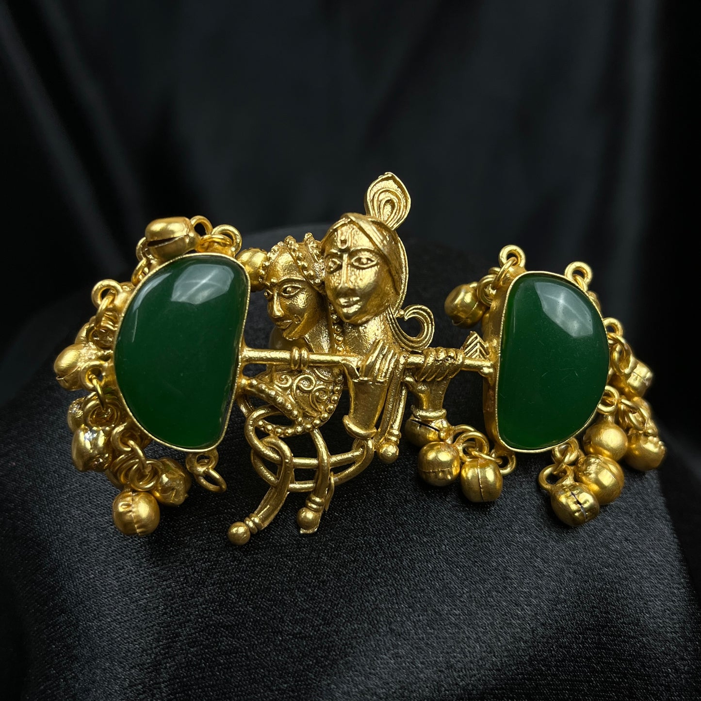 Elegant Gold Plated Radha Krishna Ring with baby pink Jade Stones