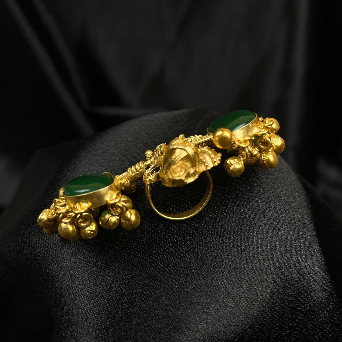 Elegant Gold Plated Radha Krishna Ring with baby pink Jade Stones