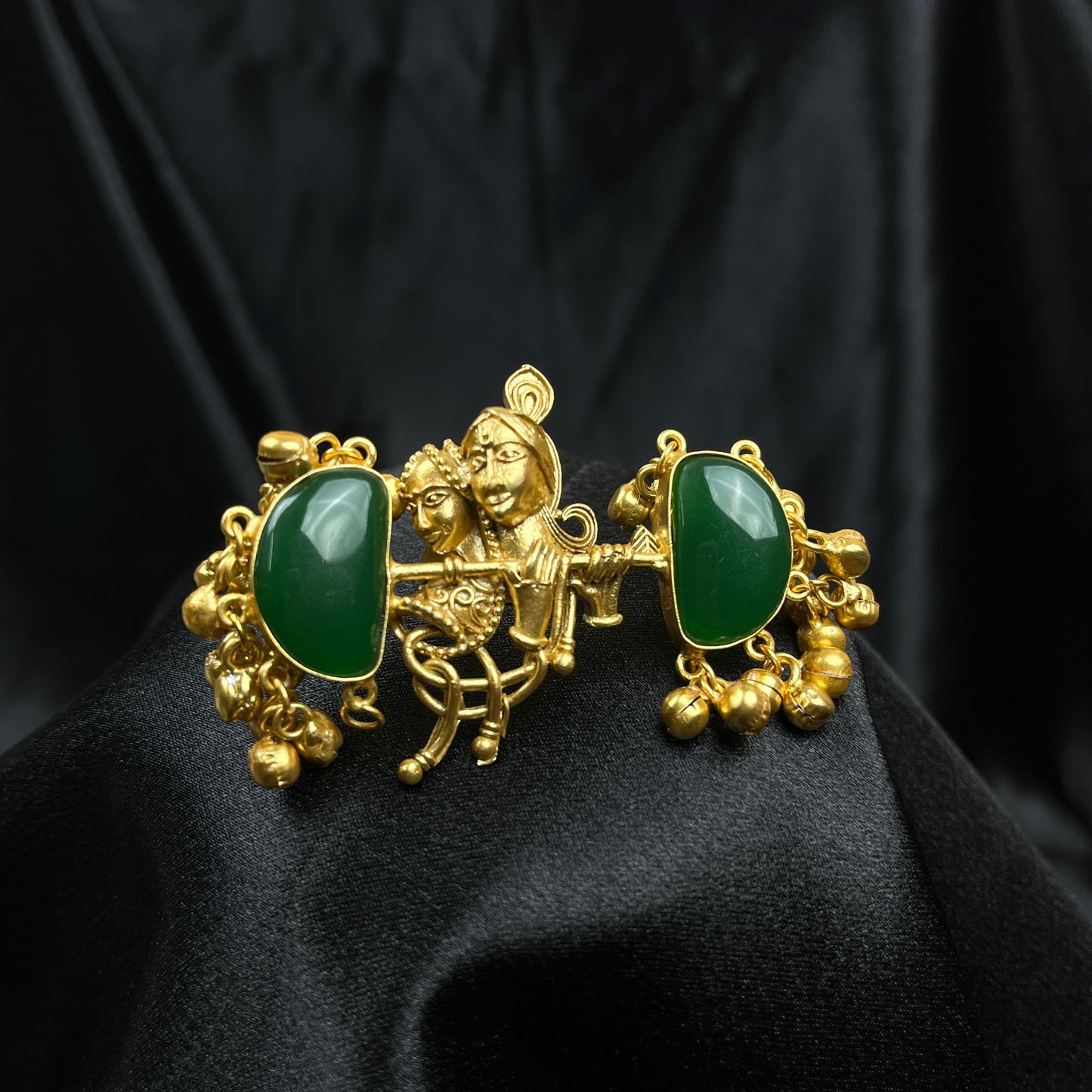 Elegant Gold Plated Radha Krishna Ring with baby pink Jade Stones
