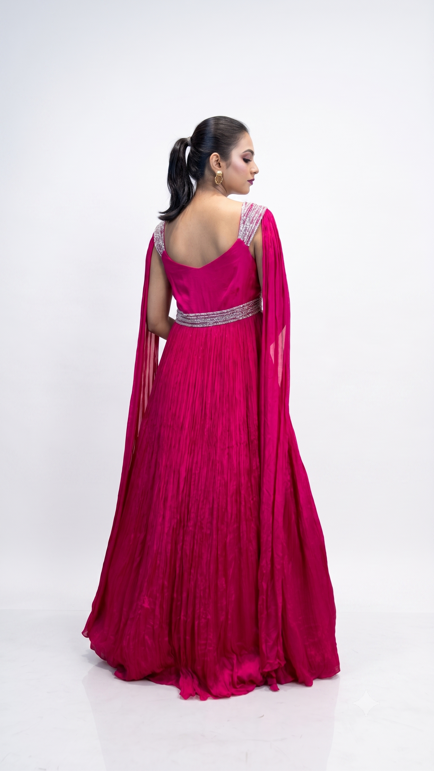 Fuchsia Pink Embellished Cape Sleeve Anarkali Gown