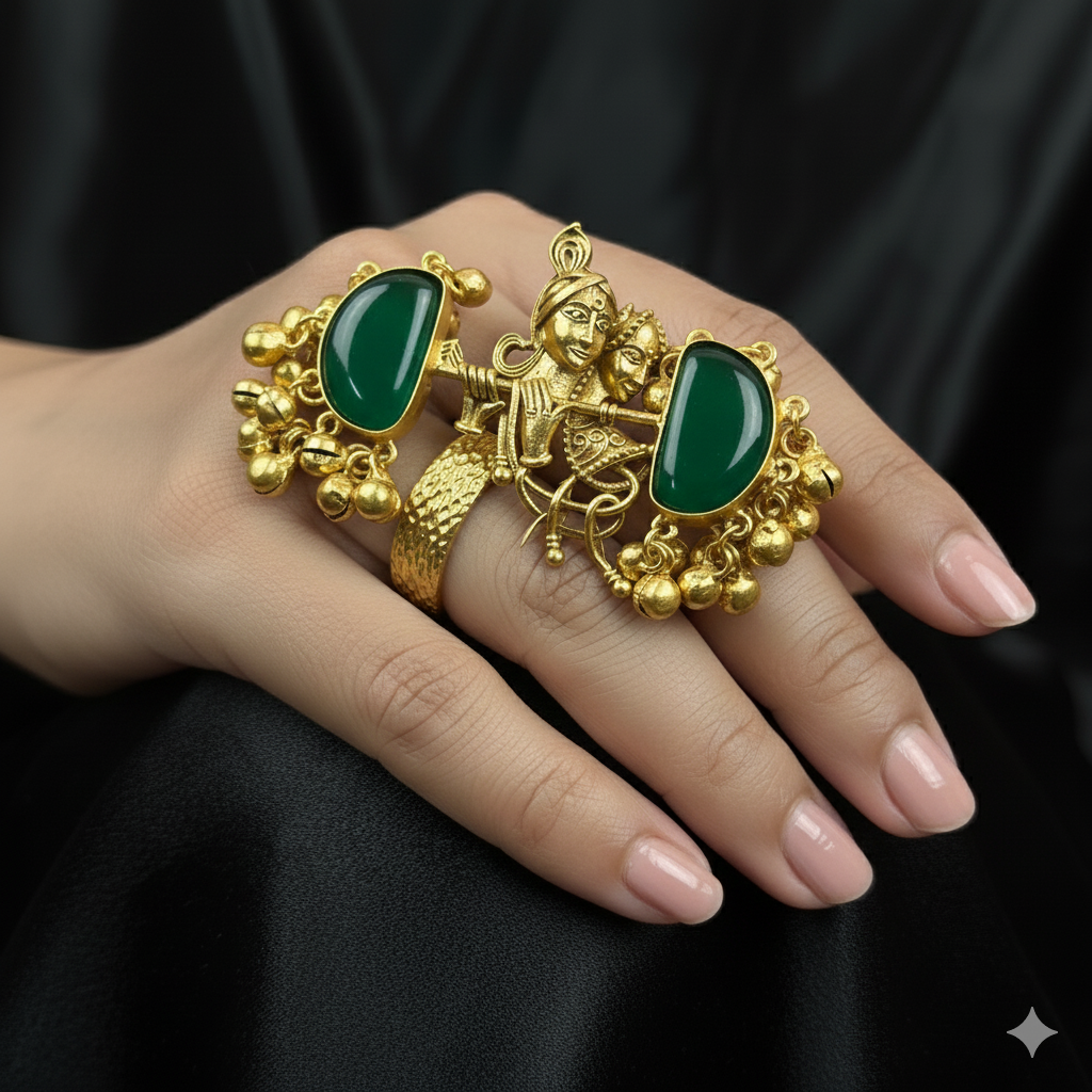 Elegant Gold Plated Radha Krishna Ring with baby pink Jade Stones