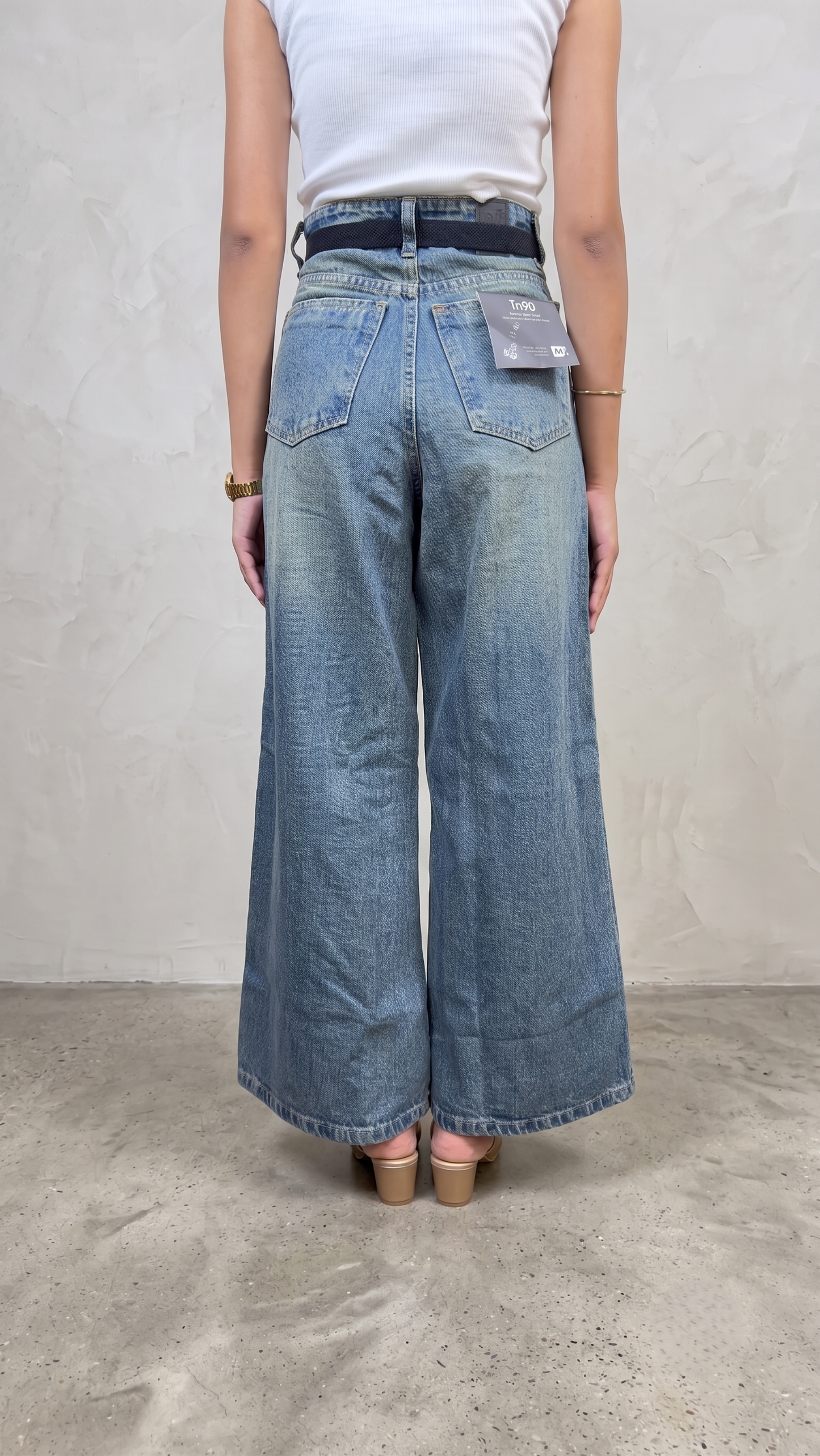 BanaraShe Blue High-Waist Wide-Leg Washed Denim Jeans