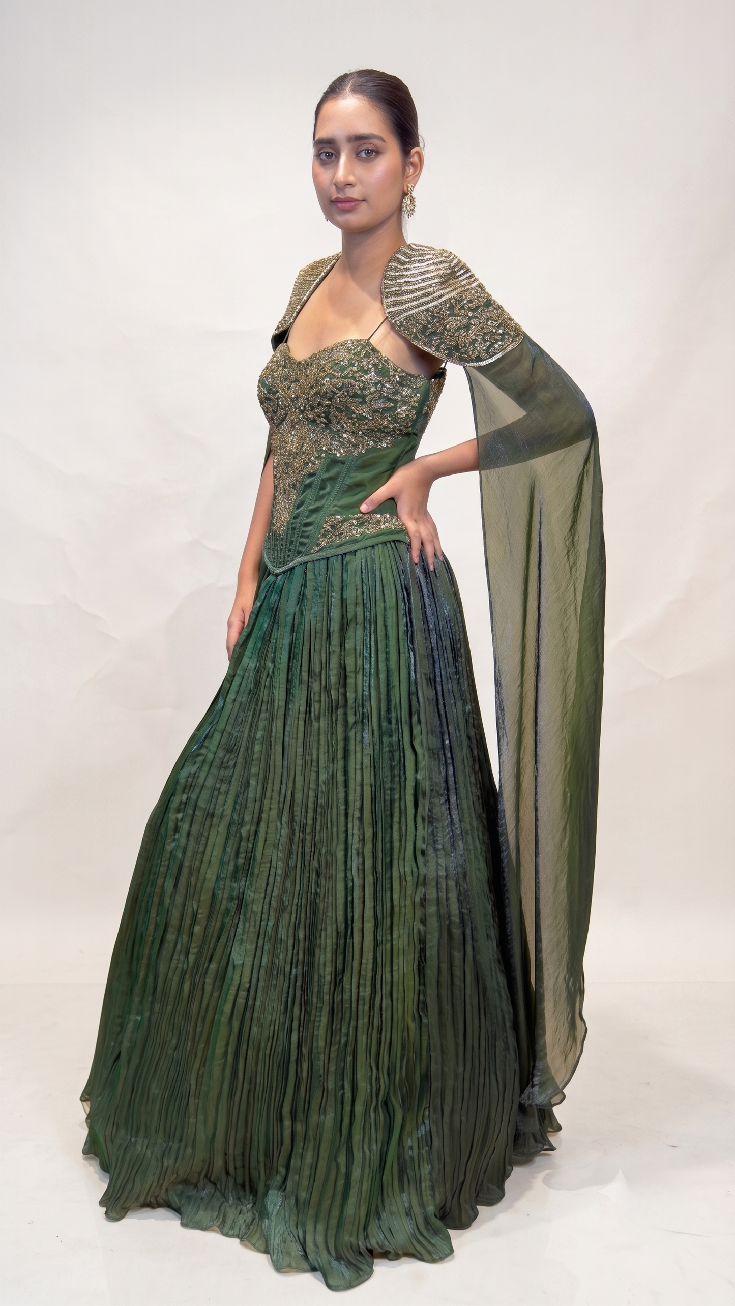 The Royal Emerald Corset Gown with Embellished Cape