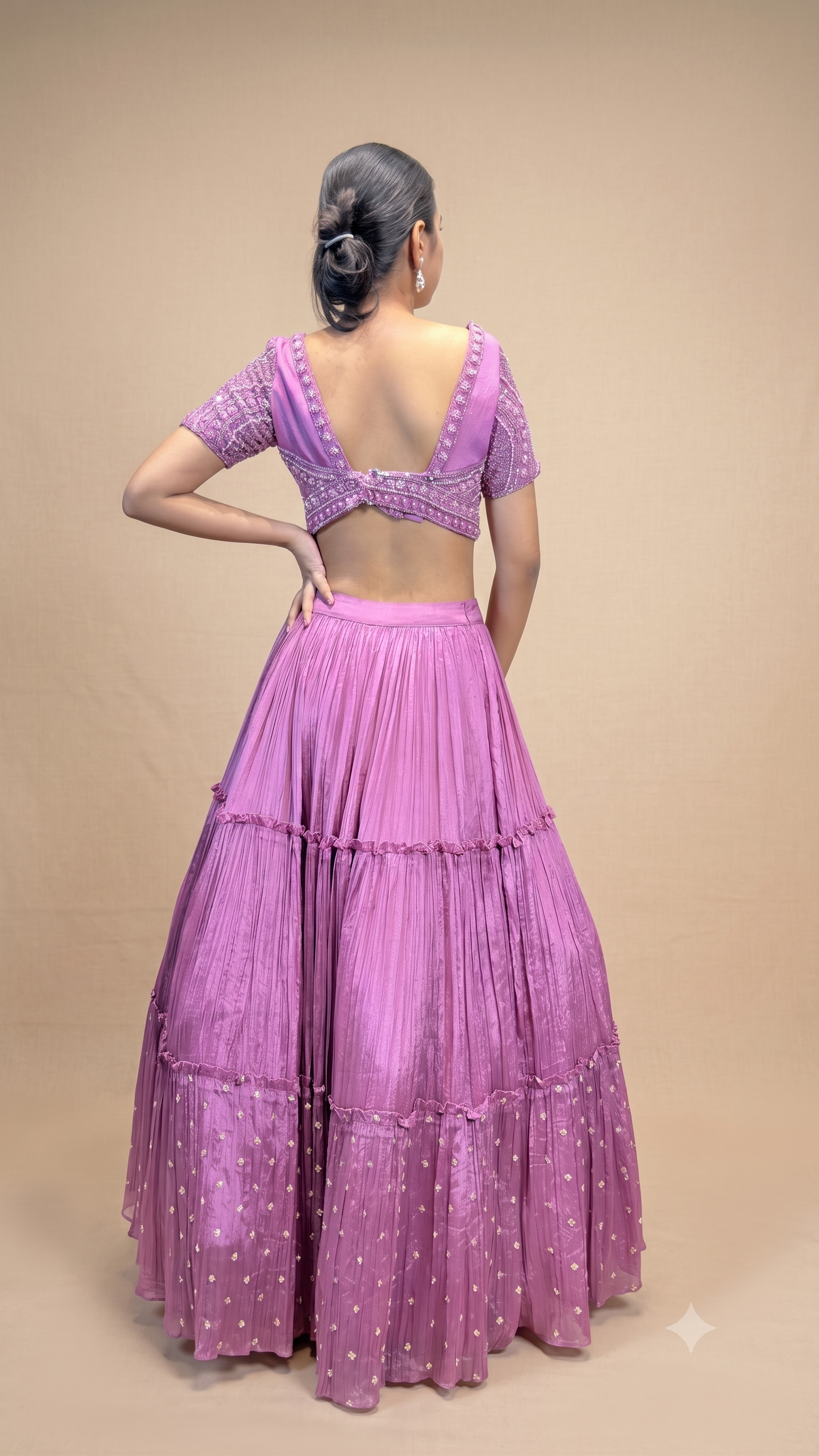 Mauve Hand‑Embroidered Tiered Lehenga Set
