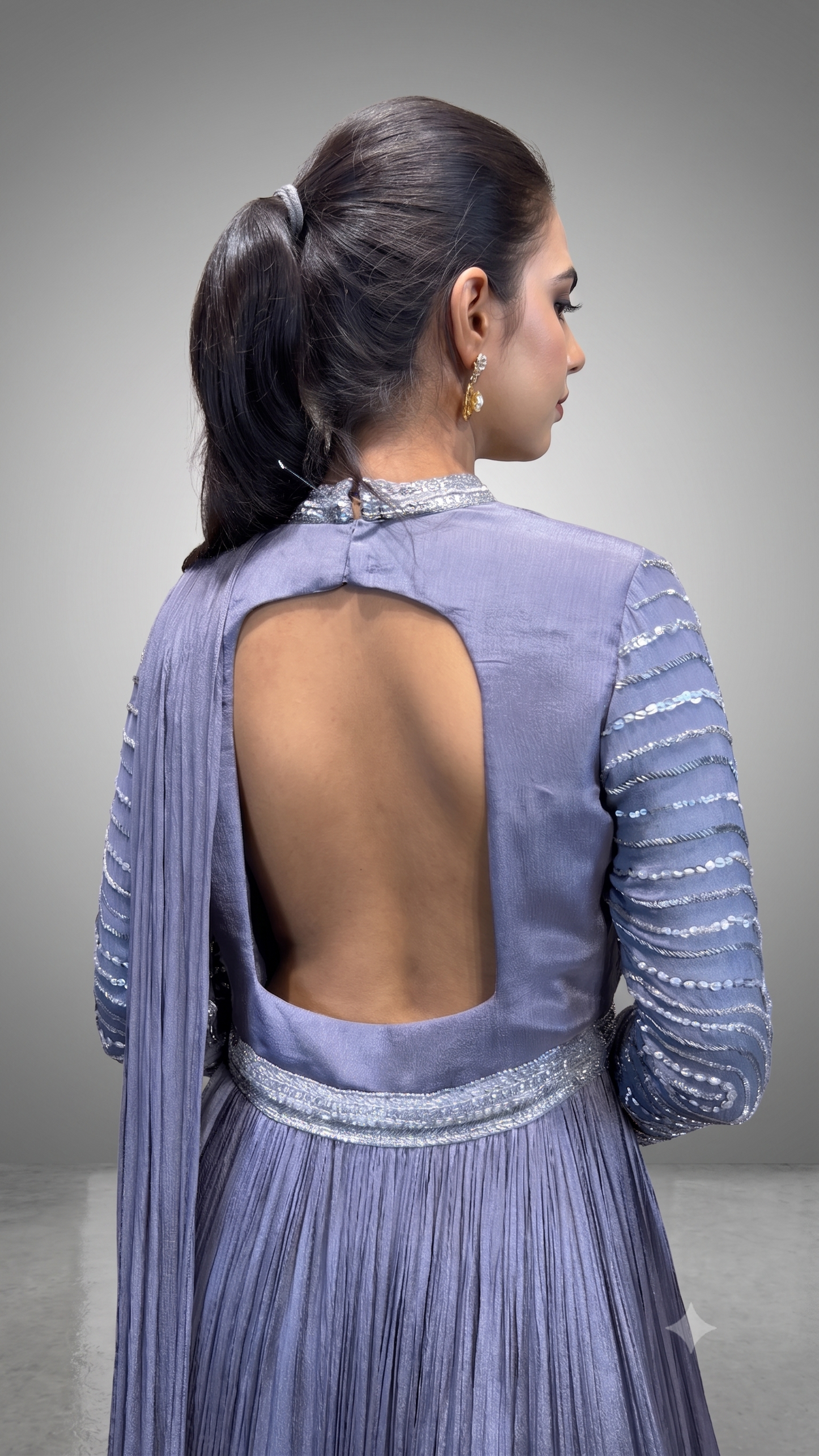 Steel Grey Embellished Asymmetrical Draped Anarkali Gown