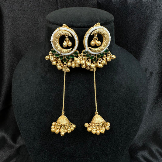 Gold Plated Green Kundan Stones & Ghungroo Tassel Drops
