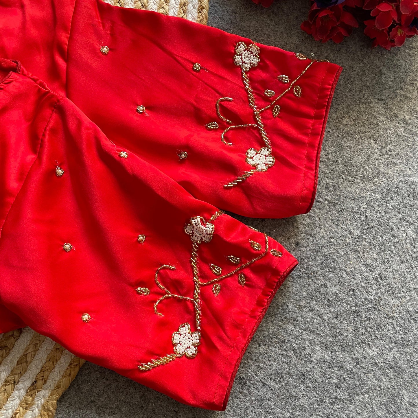 Short Sleeve Blouse with Embroidered Sleeves & Curved Neckline