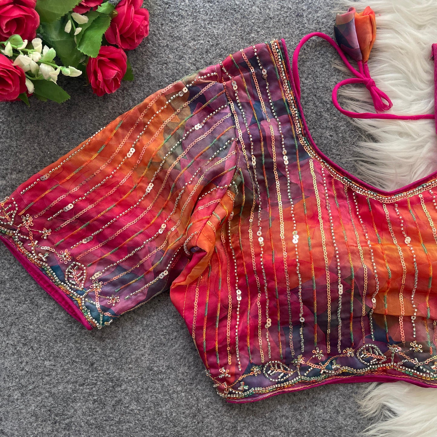 Luxury Partywear Frandy Silk Blouse with Beads & Sequin Embroidery