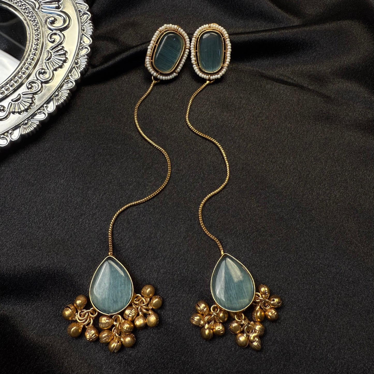 Premium Kashmiri Gold-Plated Chain Jhumka Earring Ocean Green