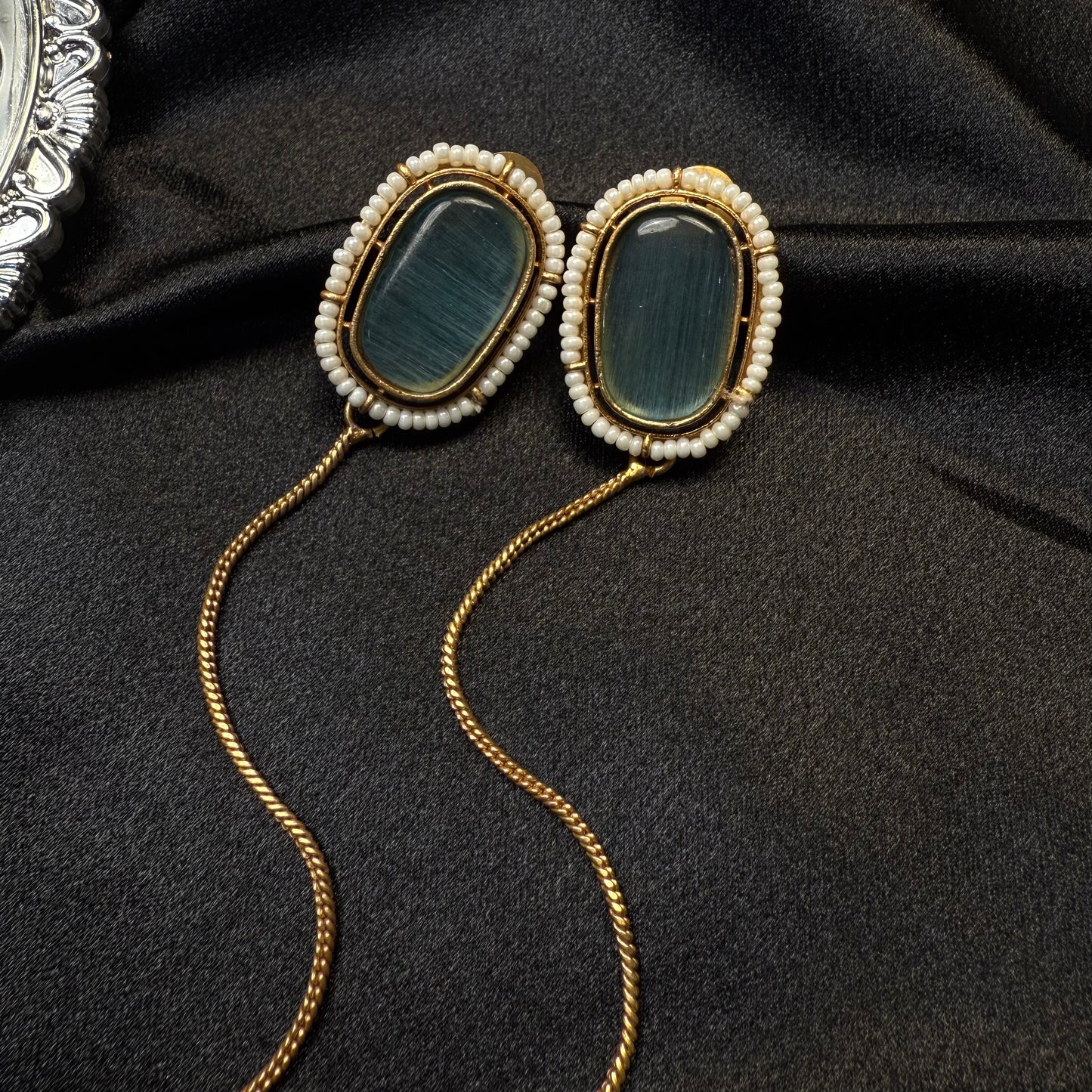 Premium Kashmiri Gold-Plated Chain Jhumka Earring Ocean Green