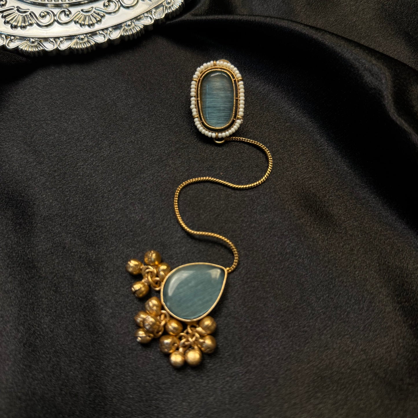 Premium Kashmiri Gold-Plated Chain Jhumka Earring Ocean Green