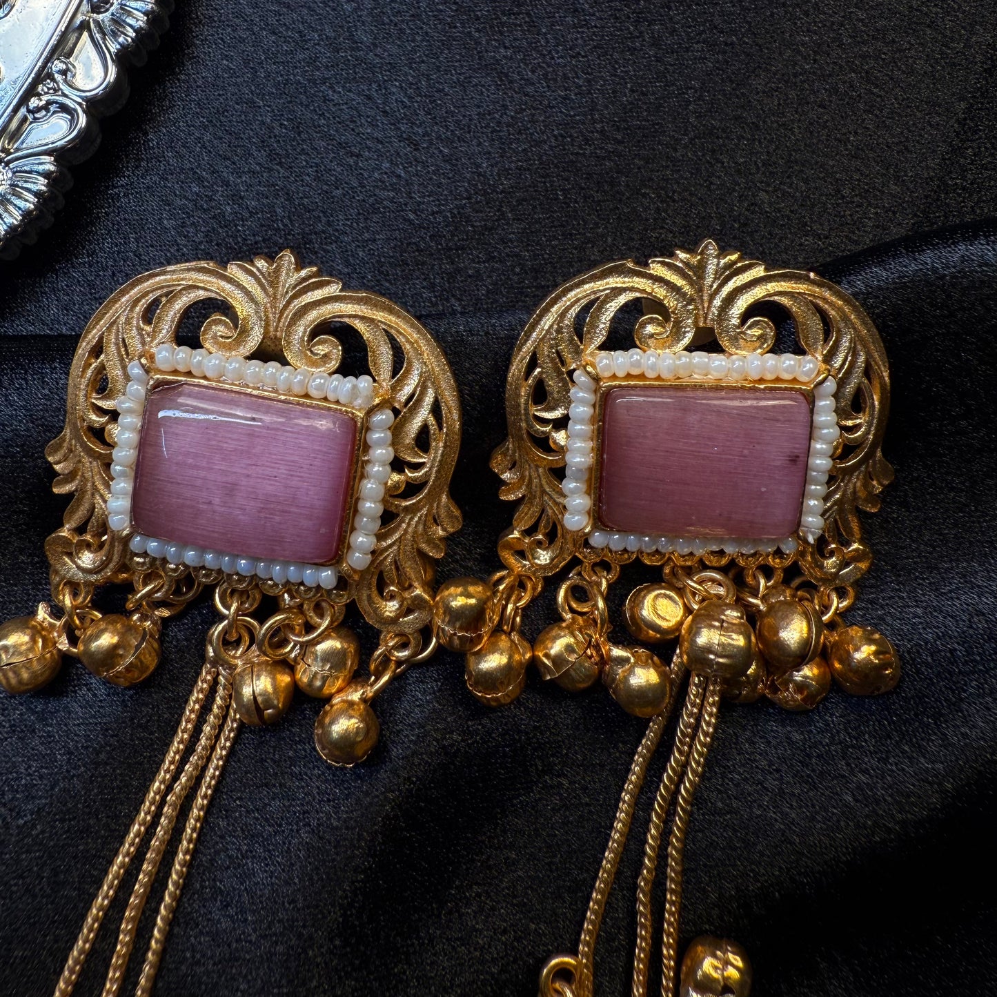 Kashmiri Brass Ghungroo Jhumka Earring Baby Pink