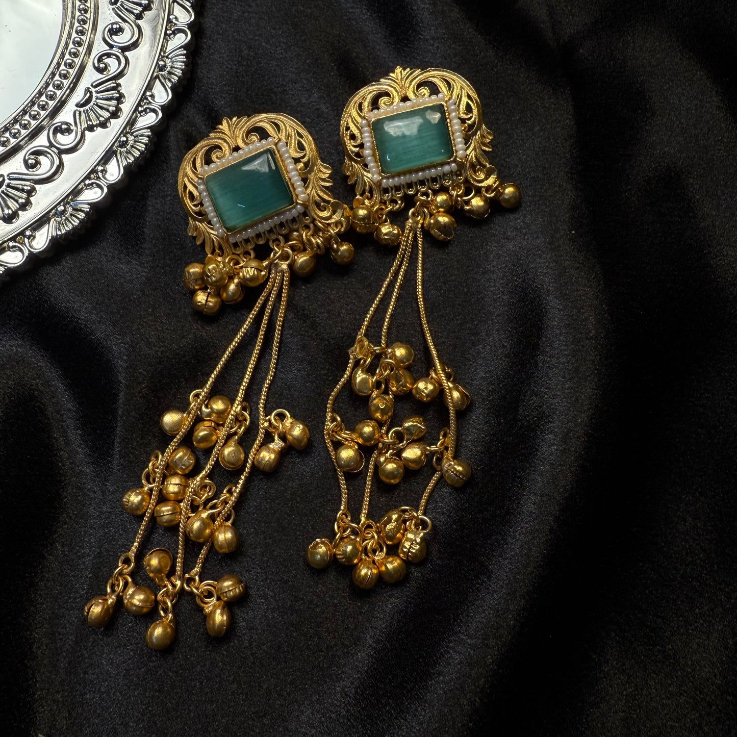 Kashmiri Brass Ghungroo Jhumka Earring Sea Green