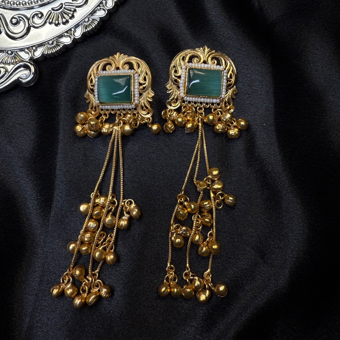 Kashmiri Brass Ghungroo Jhumka Earring Sea Green
