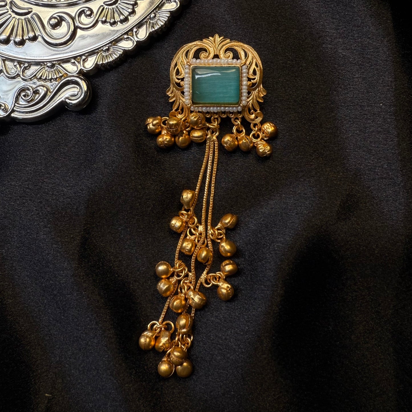 Kashmiri Brass Ghungroo Jhumka Earring Sea Green