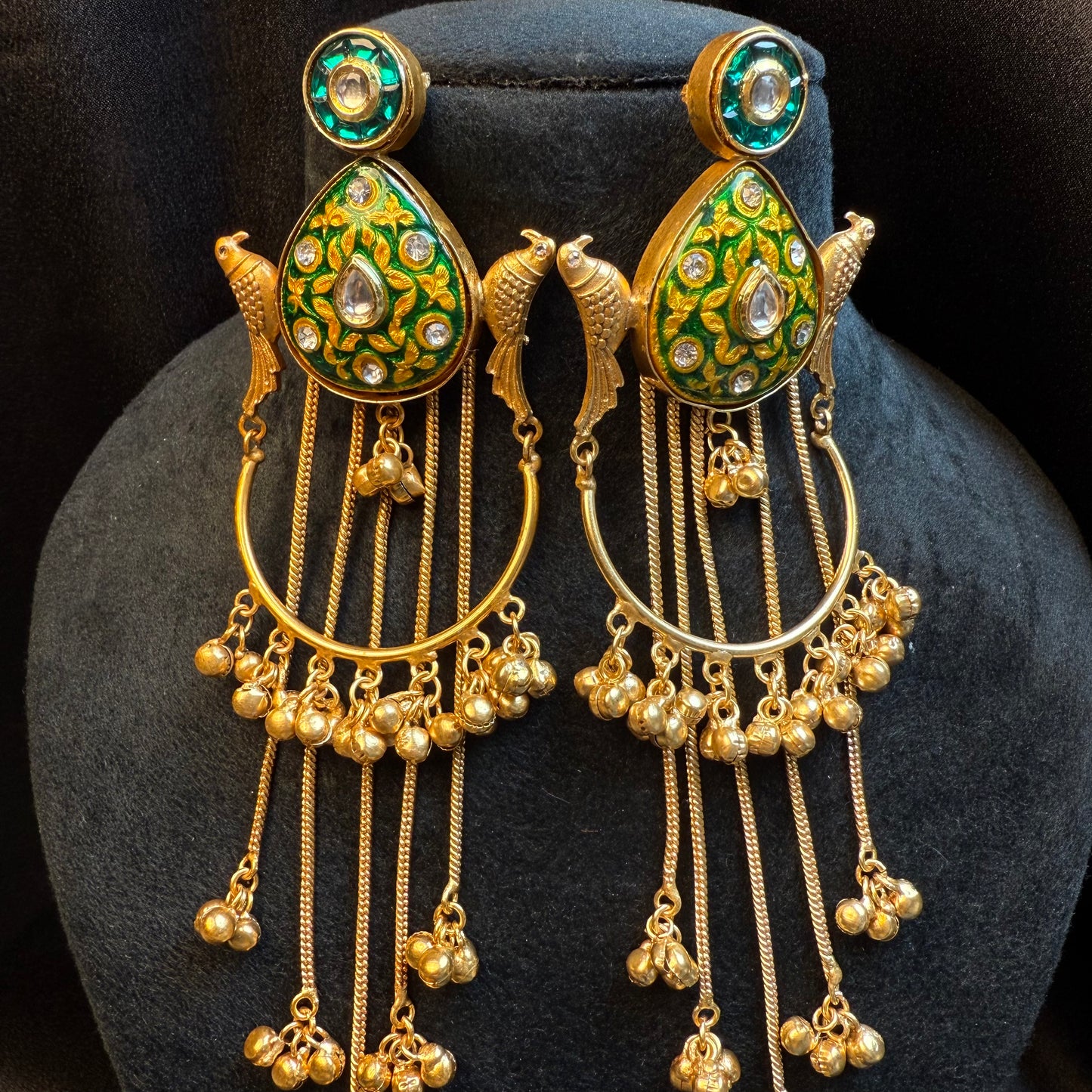 Kashmiri Peacock Design Brass Earrings with Hanging Chains Green & Gold