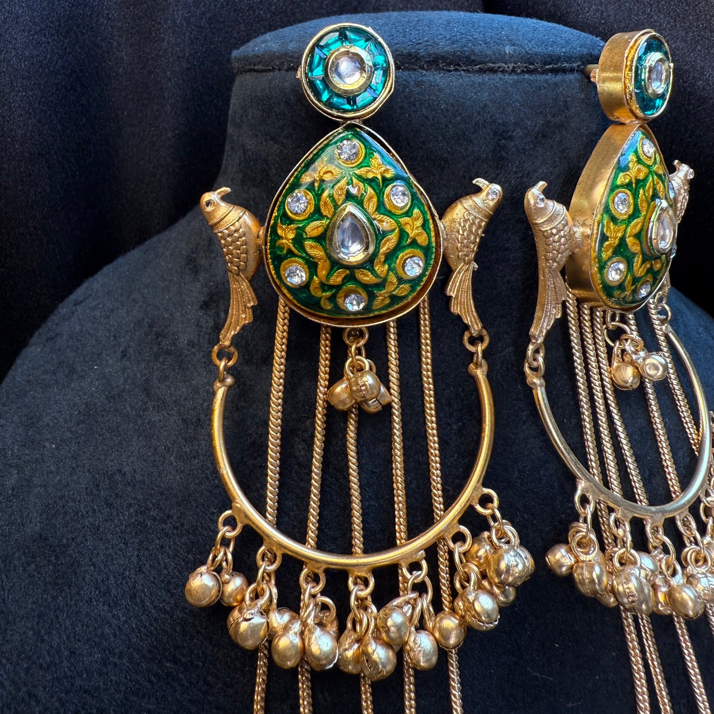 Kashmiri Peacock Design Brass Earrings with Hanging Chains Green & Gold