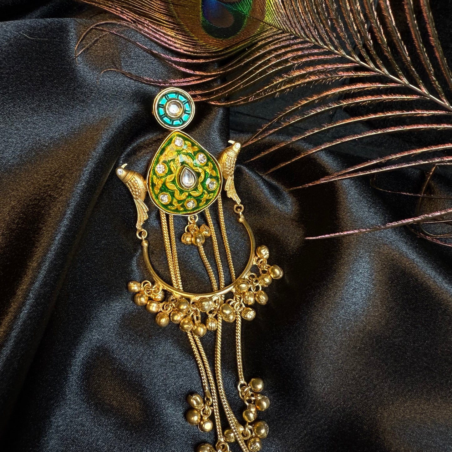 Kashmiri Peacock Design Brass Earrings with Hanging Chains Green & Gold