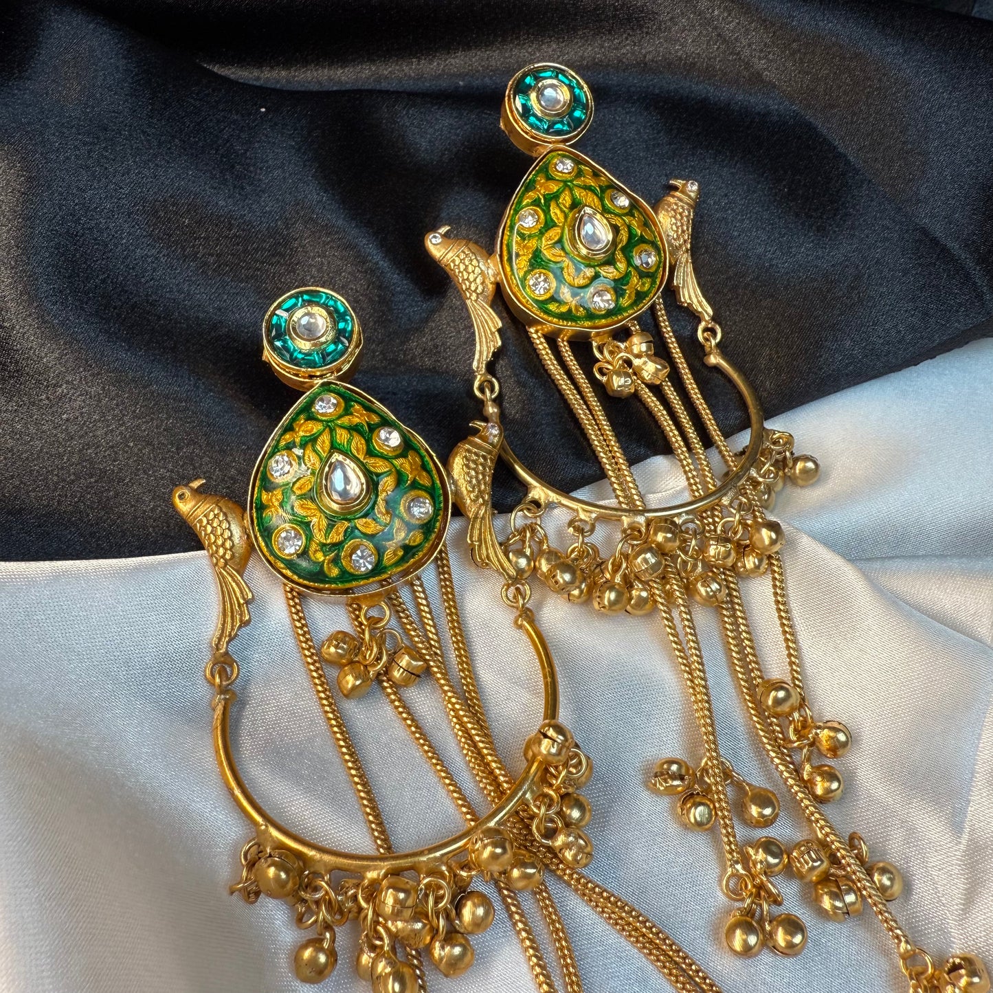 Kashmiri Peacock Design Brass Earrings with Hanging Chains Green & Gold