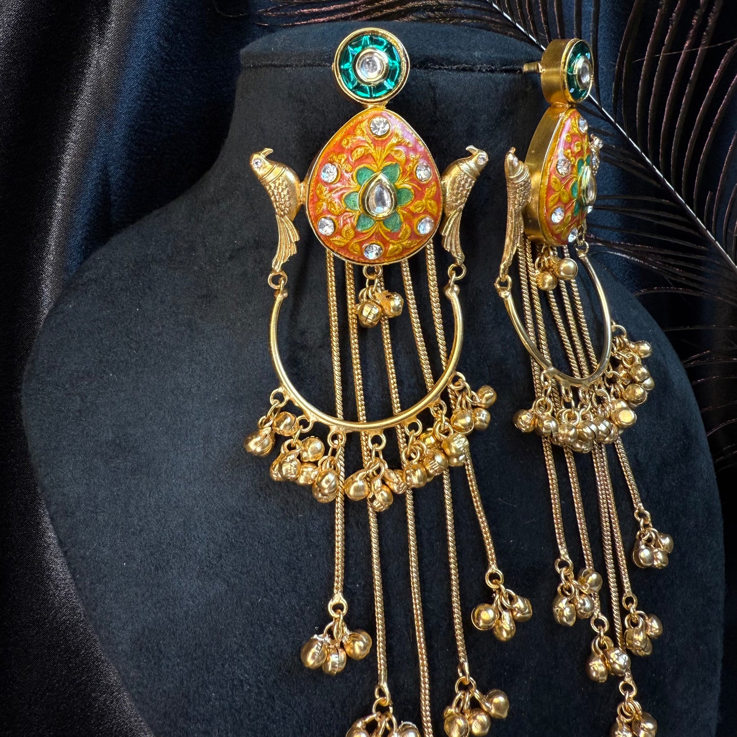 Kashmiri Peacock Design Brass Earrings with Hanging Chains Orange & Green Gold
