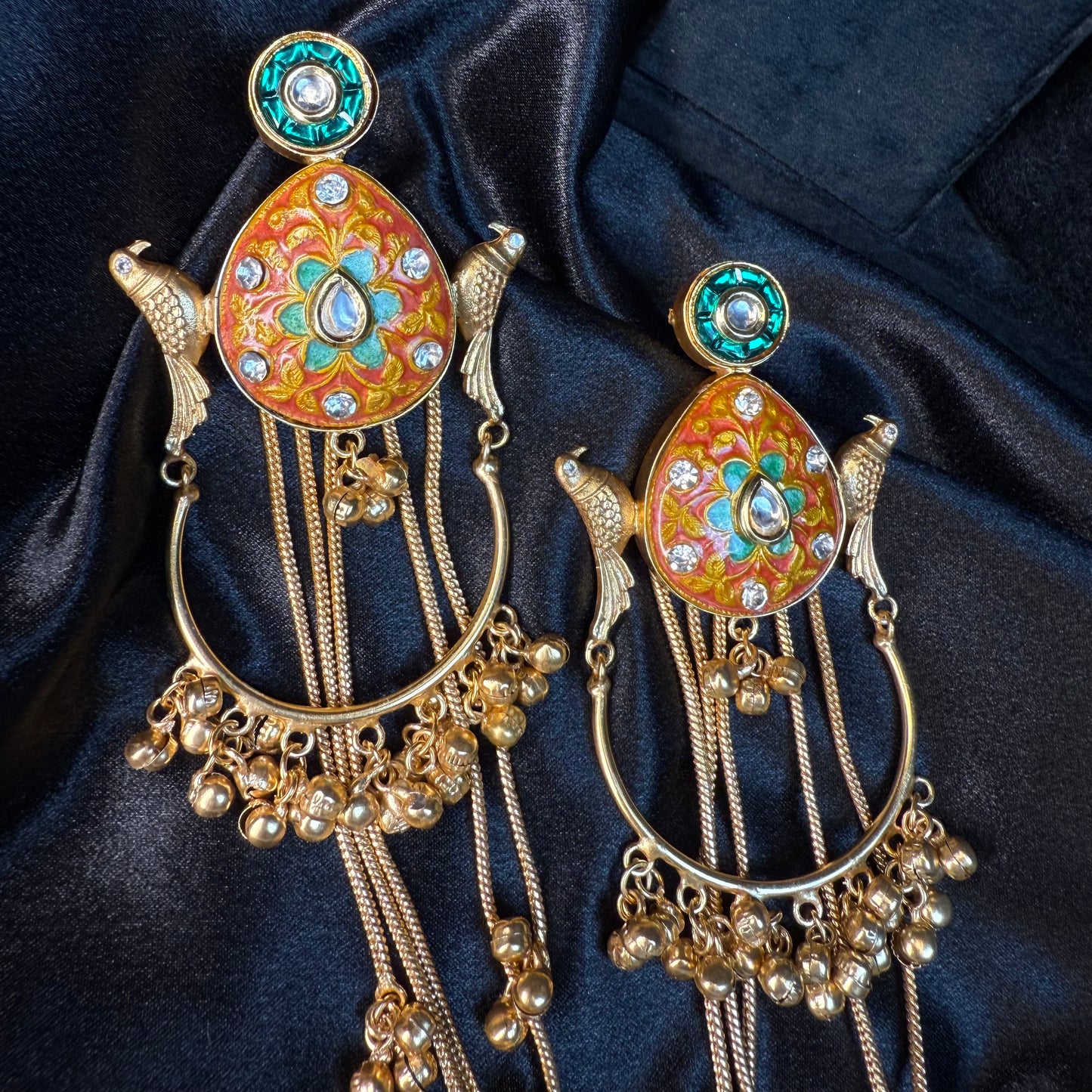 Kashmiri Peacock Design Brass Earrings with Hanging Chains Orange & Green Gold