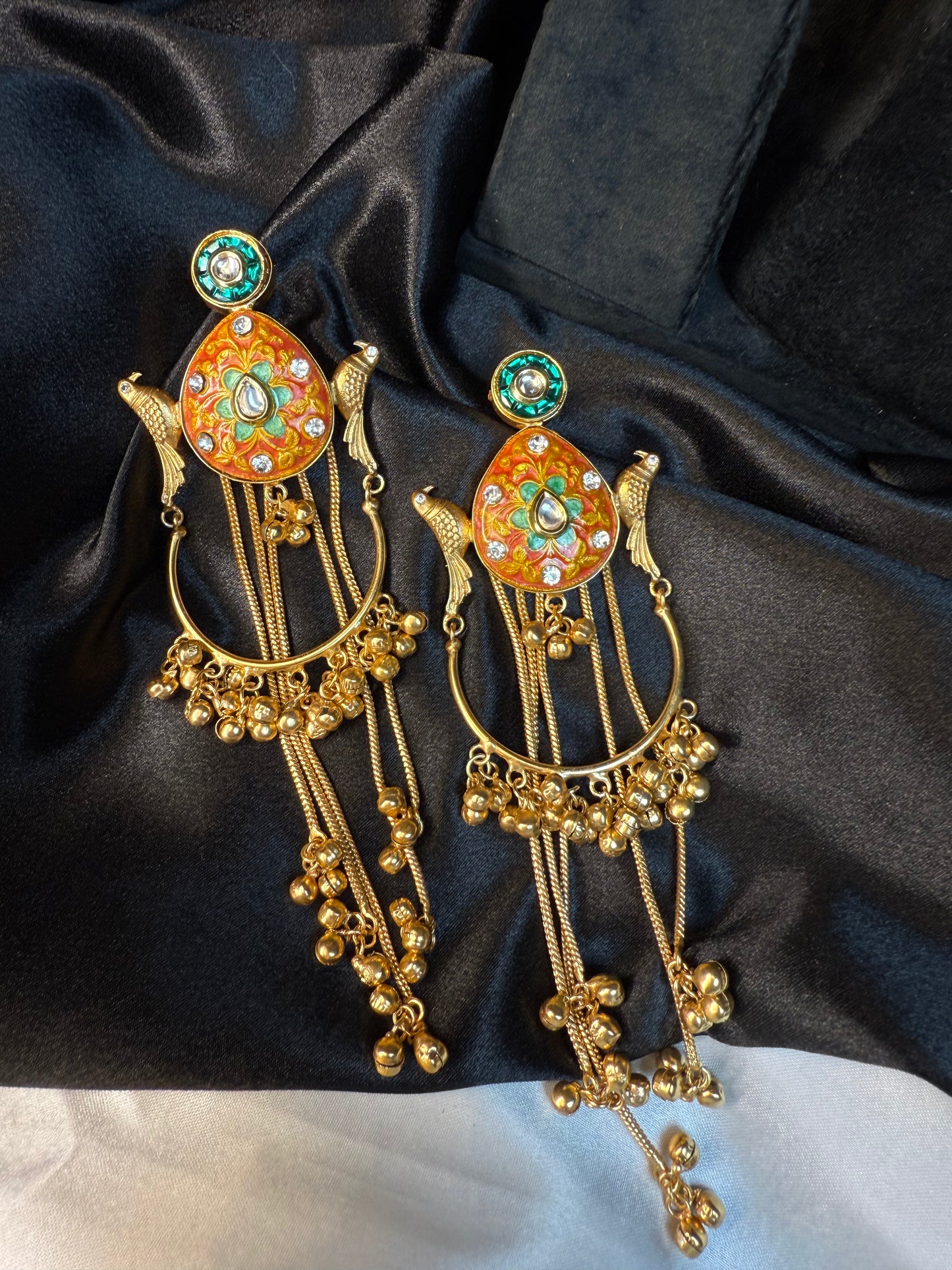 Kashmiri Peacock Design Brass Earrings with Hanging Chains Orange & Green Gold