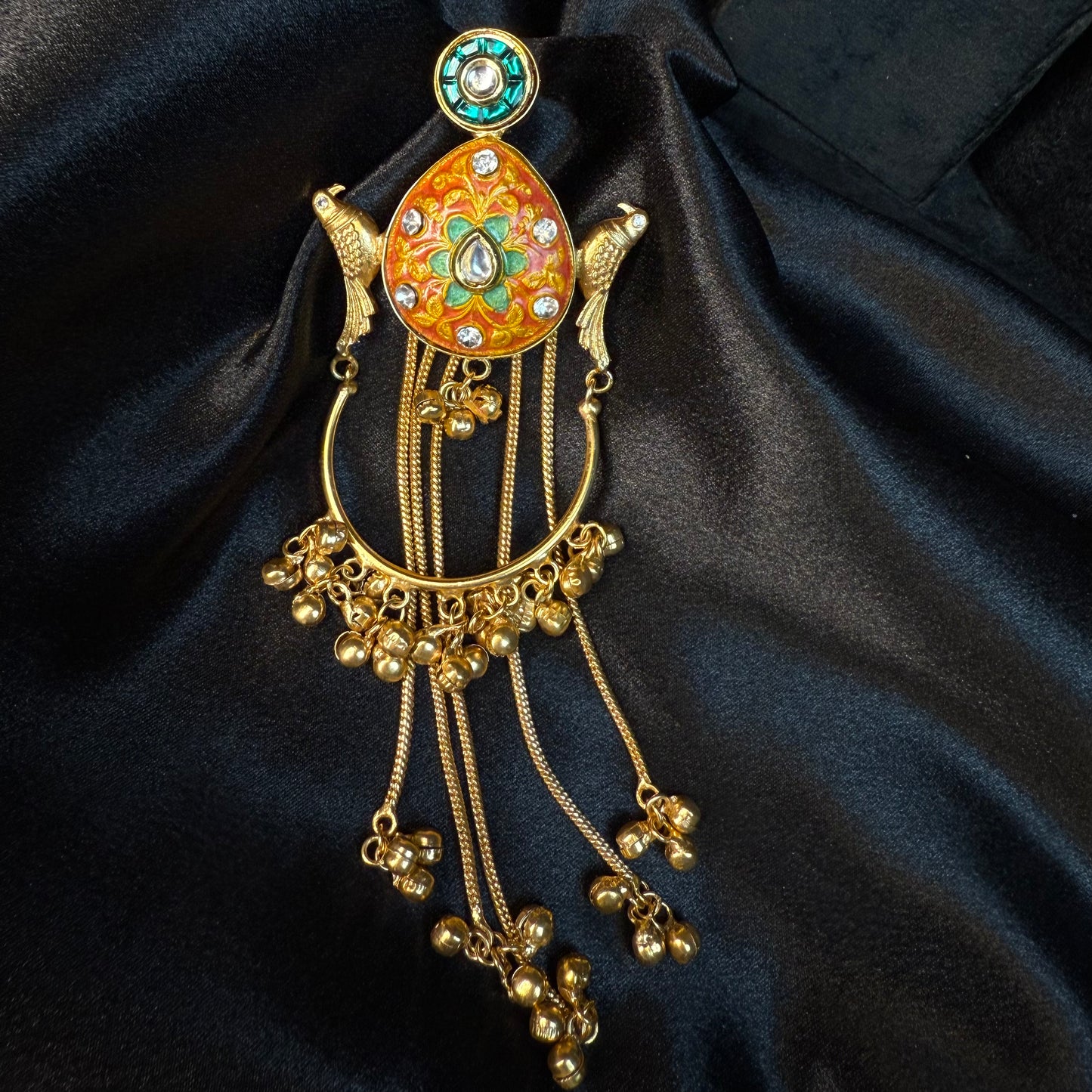 Kashmiri Peacock Design Brass Earrings with Hanging Chains Orange & Green Gold