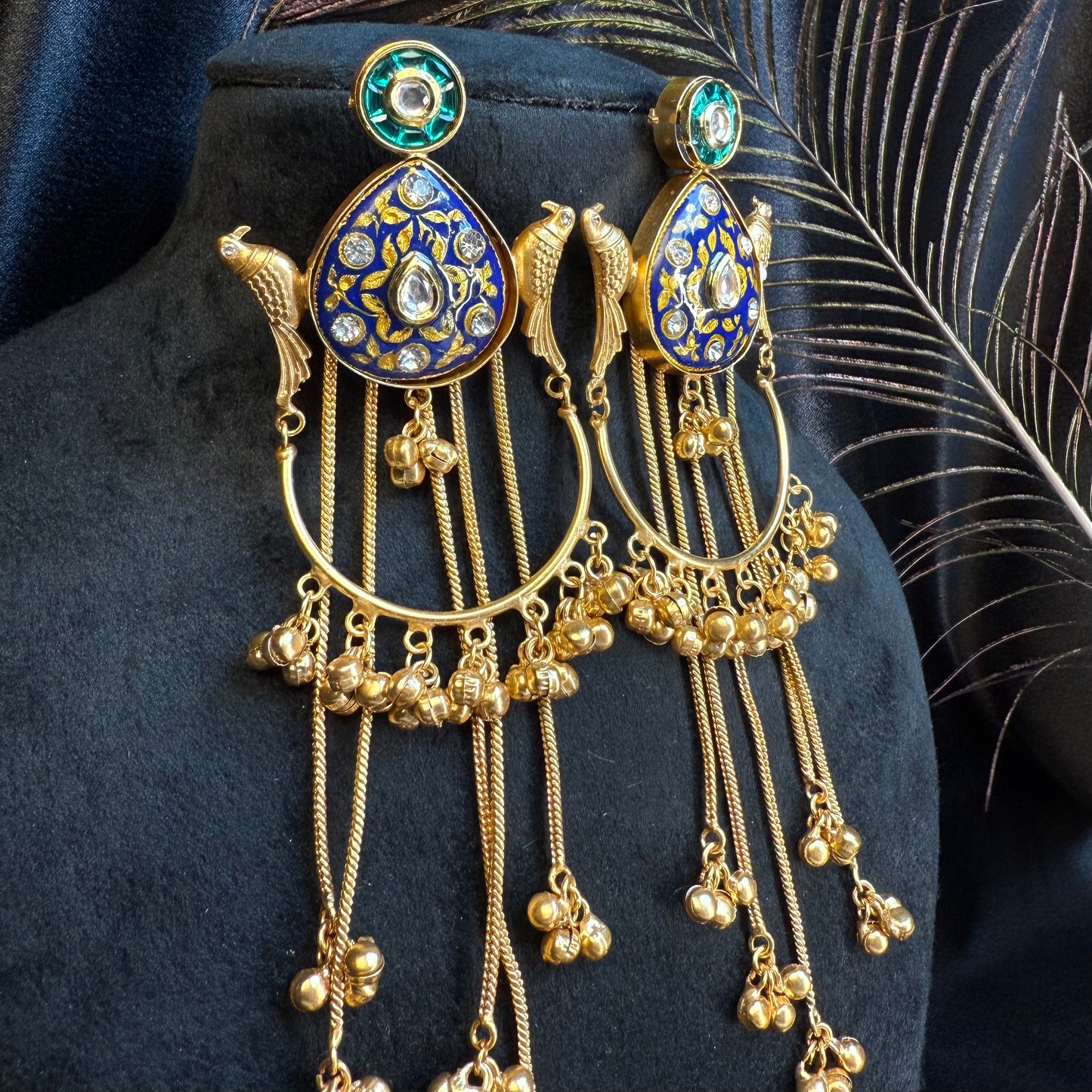 Kashmiri Peacock Design Brass Earrings with Hanging Chains Royal Blue And Gold