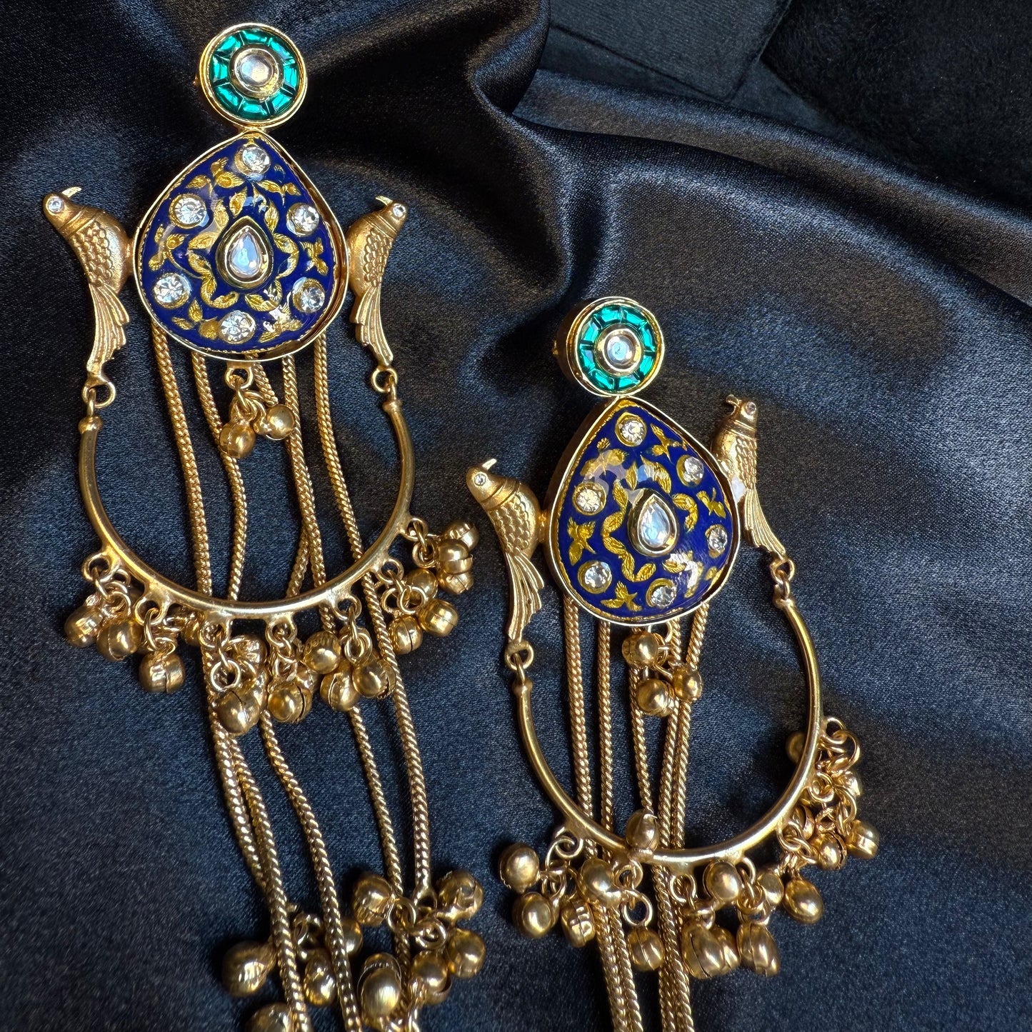 Kashmiri Peacock Design Brass Earrings with Hanging Chains Royal Blue And Gold