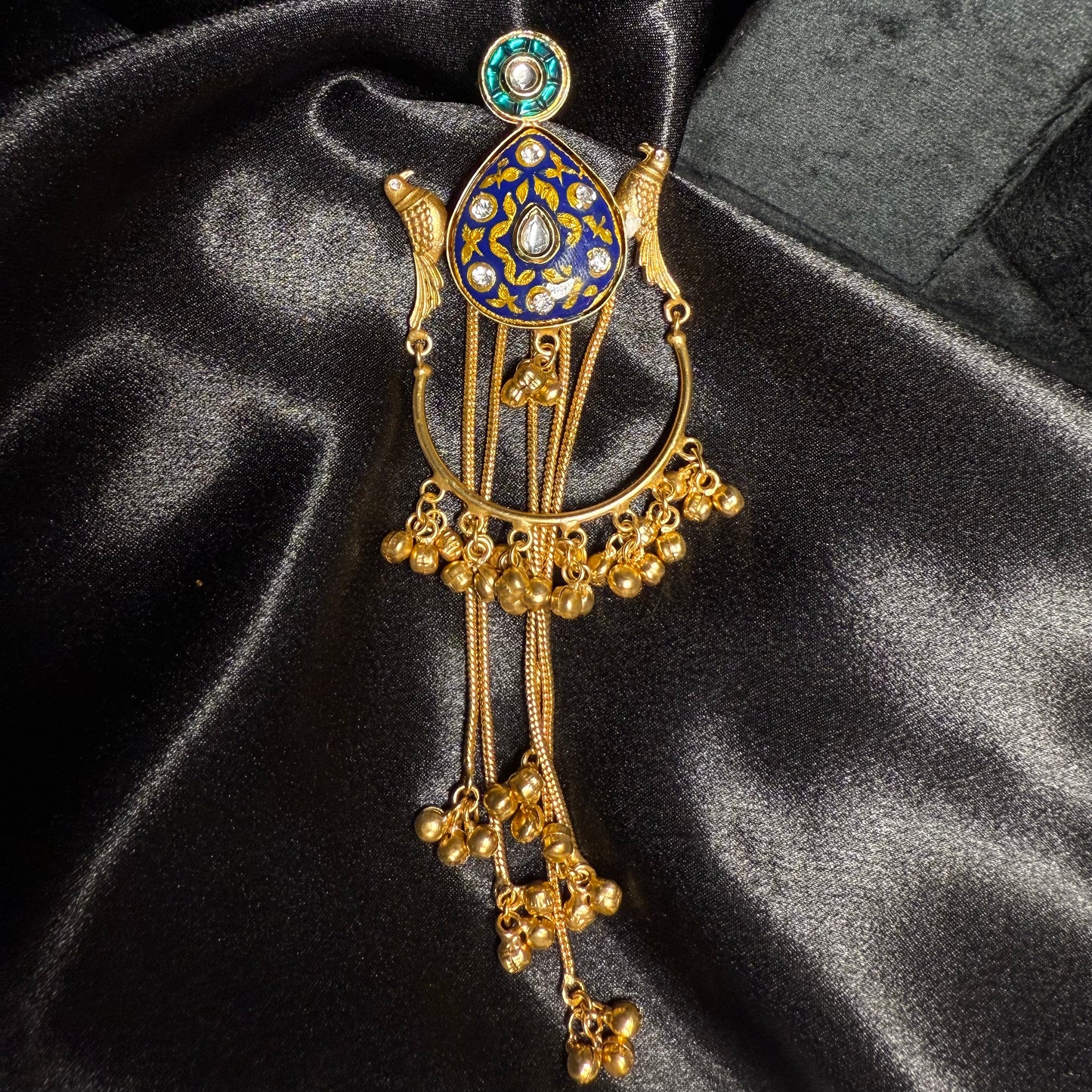 Kashmiri Peacock Design Brass Earrings with Hanging Chains Royal Blue And Gold