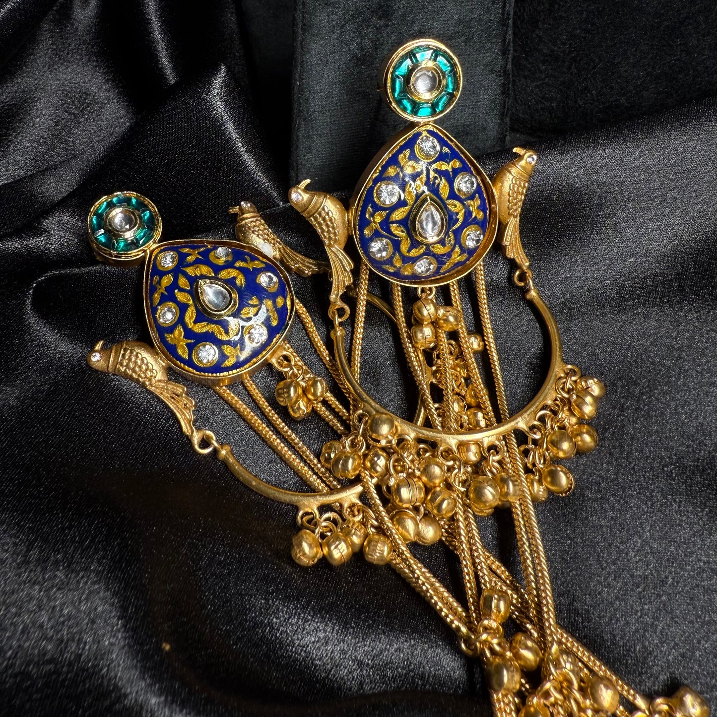 Kashmiri Peacock Design Brass Earrings with Hanging Chains Royal Blue And Gold