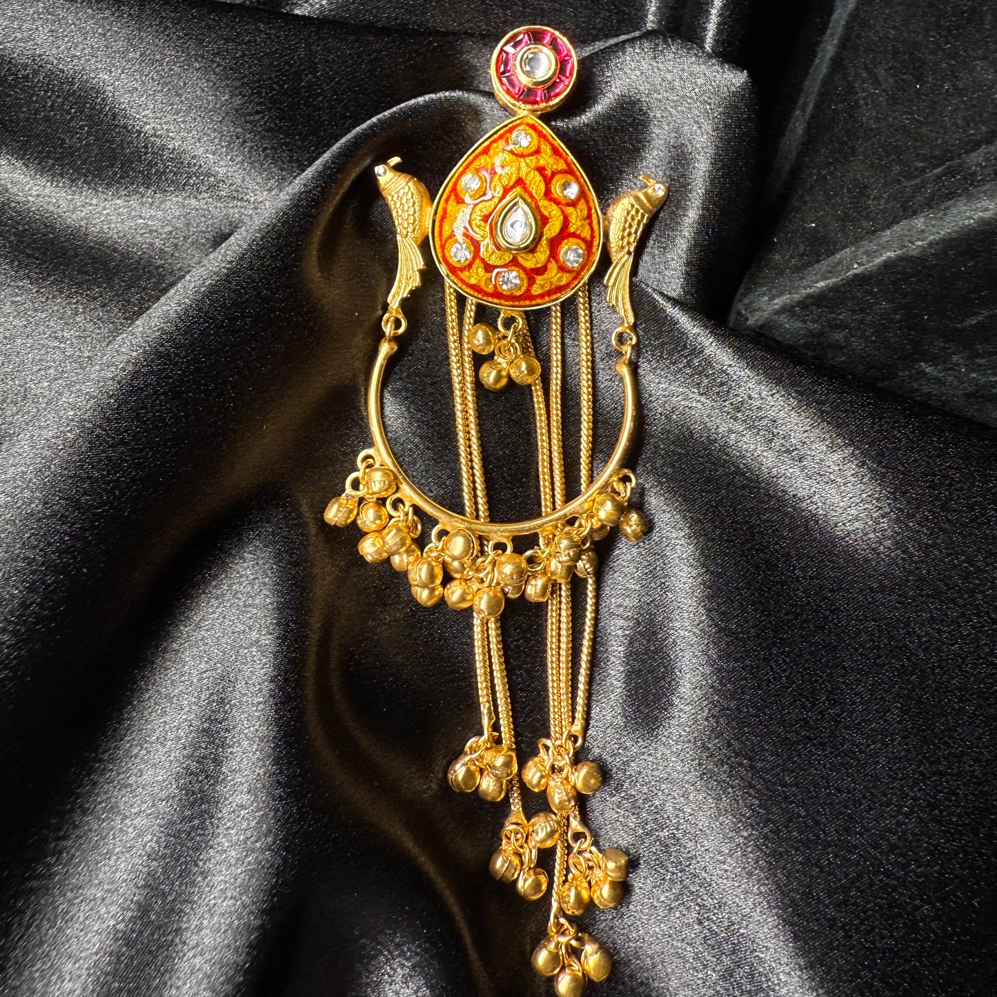 Kashmiri Peacock Design Brass Earrings with Hanging Chains Red & Gold