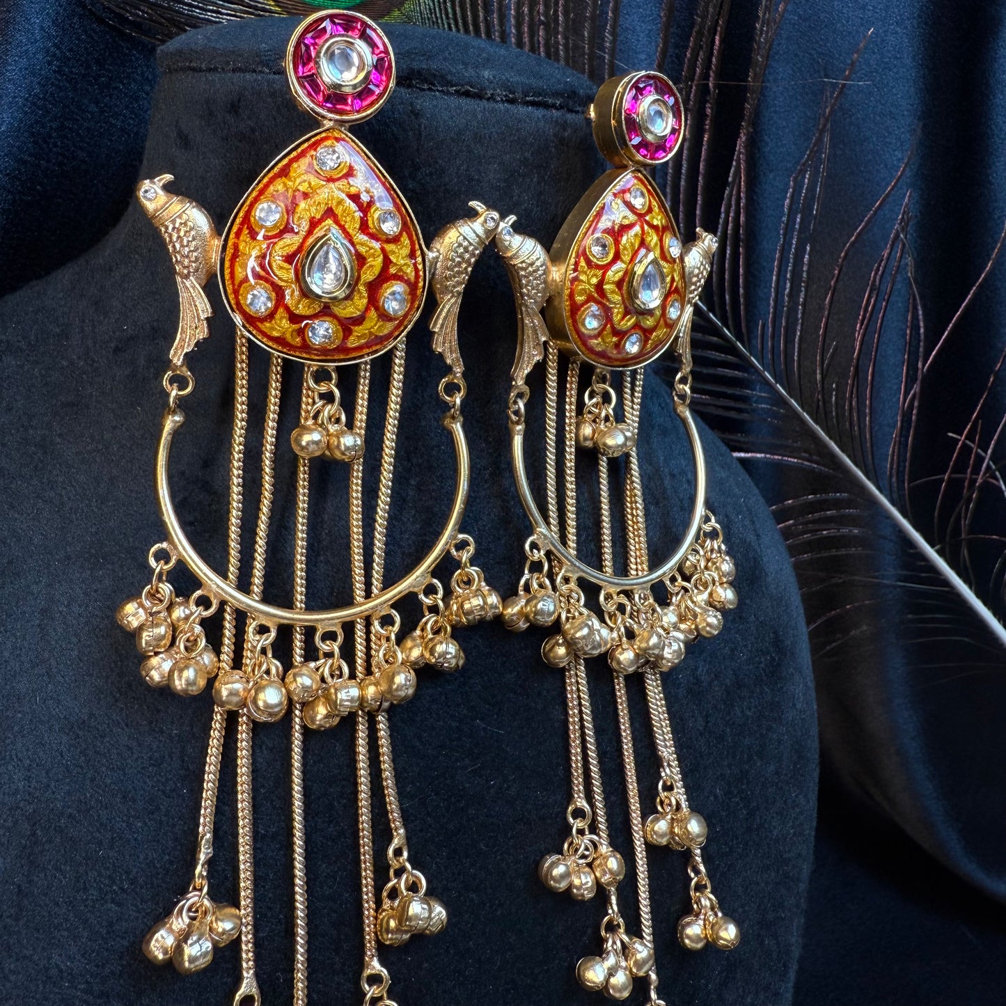 Kashmiri Peacock Design Brass Earrings with Hanging Chains Red & Gold
