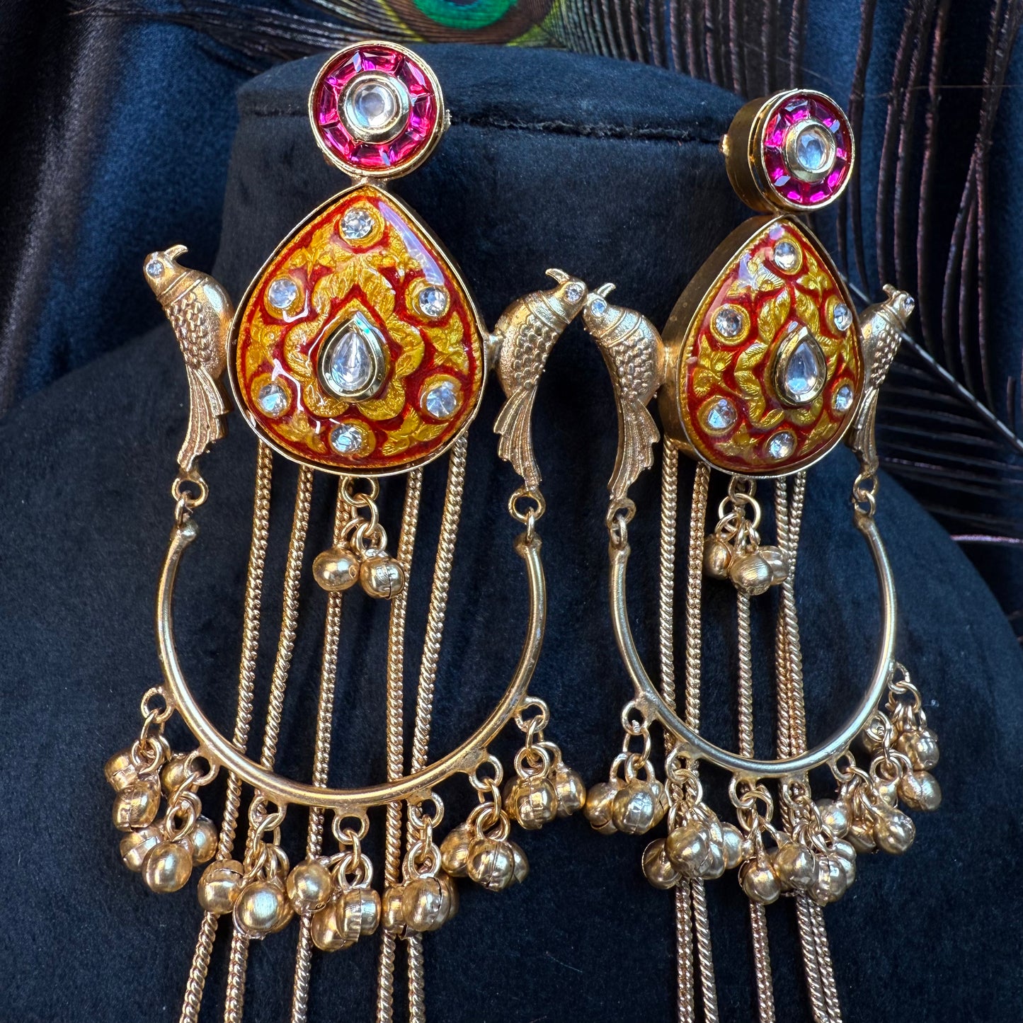 Kashmiri Peacock Design Brass Earrings with Hanging Chains Red & Gold