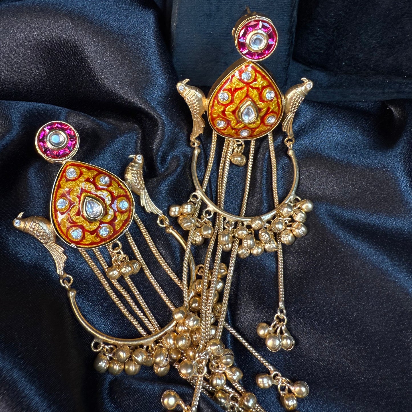 Kashmiri Peacock Design Brass Earrings with Hanging Chains Red & Gold
