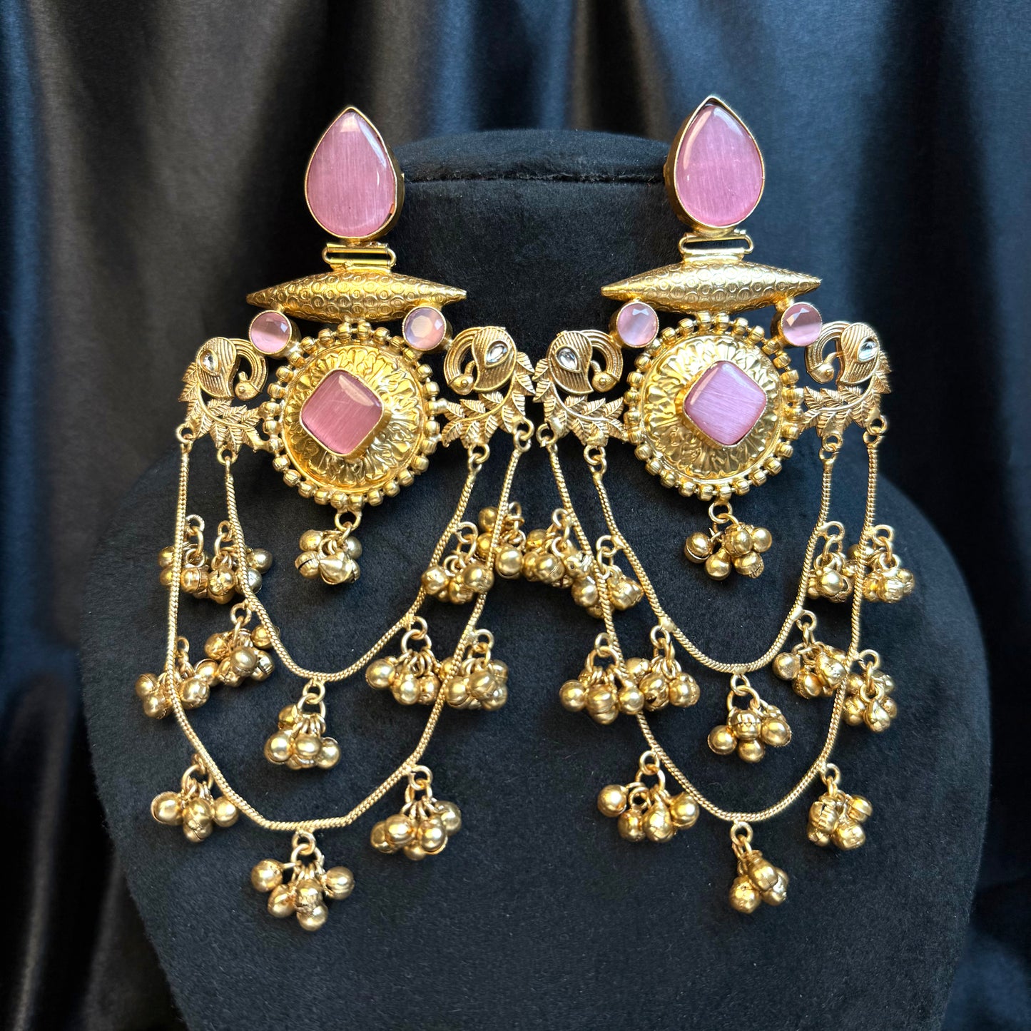Royal Kashmiri Stone Studded Brass Earrings with Multi-Chain Ghungroo Design